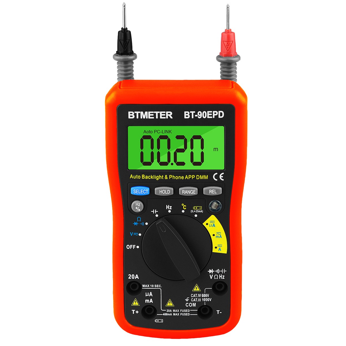Multimeter Bluetooth 1832°F 5.12MHz 1000V 20A 4000C Auto-Range Data Hold Backlit