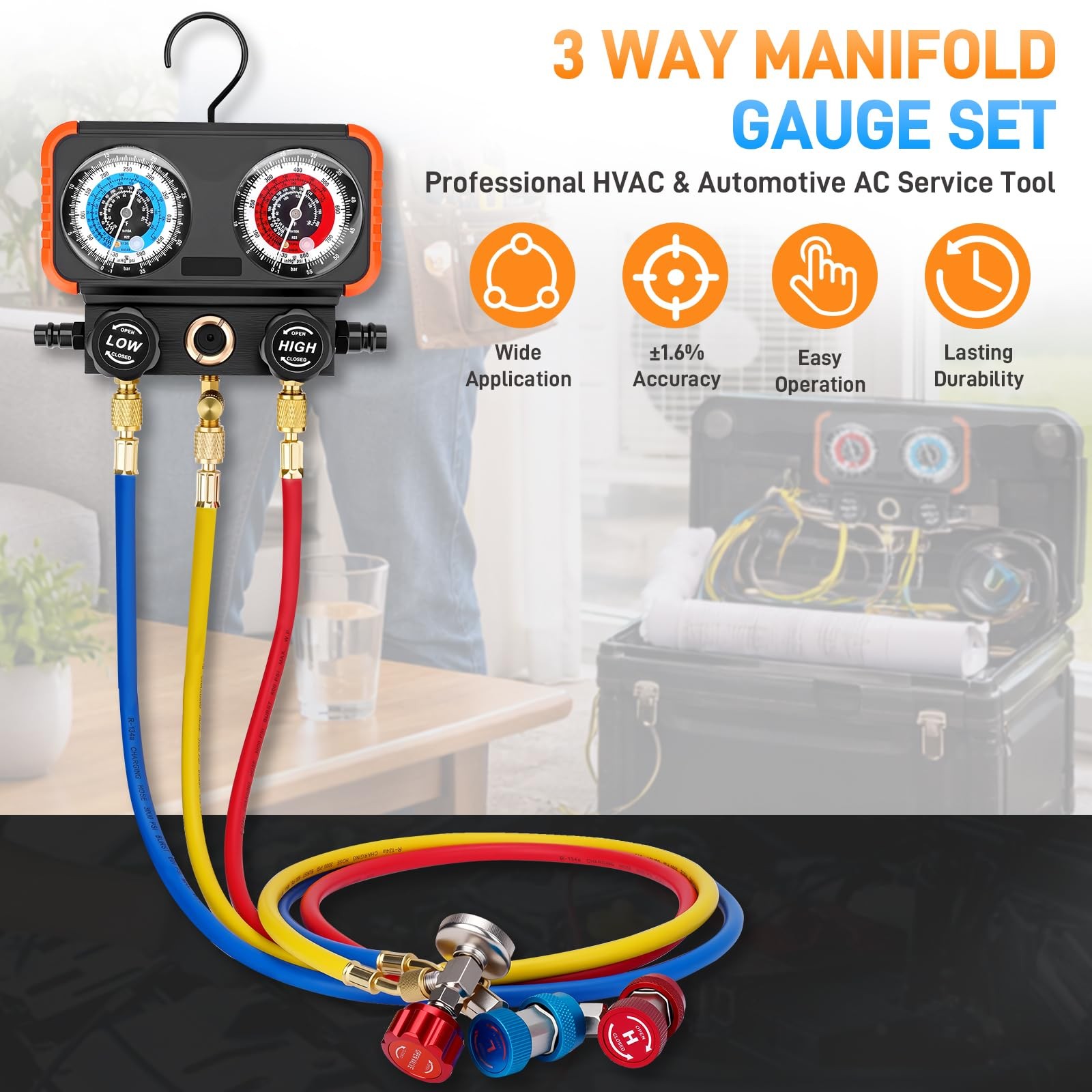 AC Manifold Gauge Set 3 Way for R22 R134a R410a Refrigeration Charging