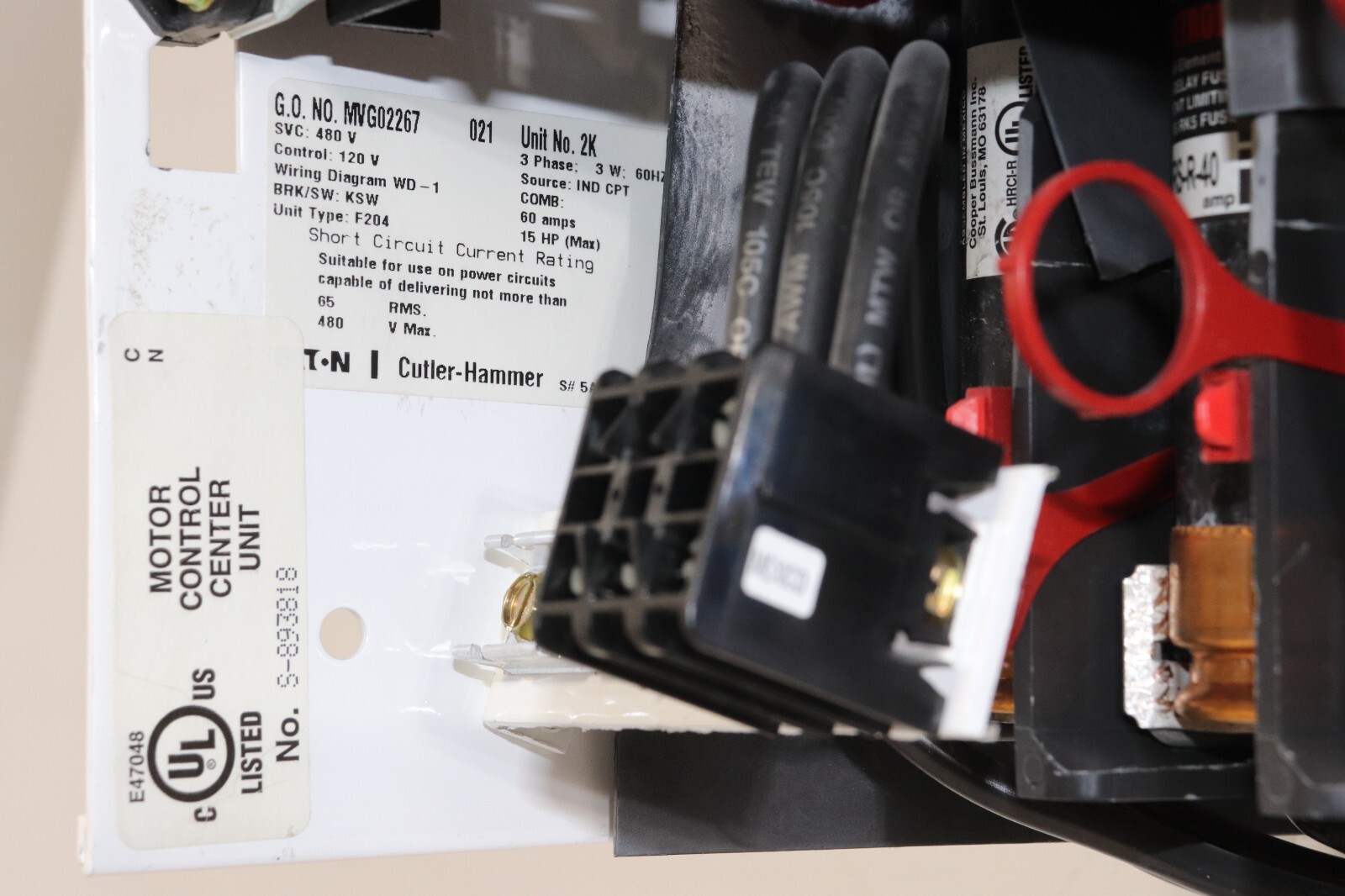 CUTLER HAMMER MVG02267 60A 15HP 3PH FUSIBLE MOTOR CONTROL CENTER UNIT/MCC BUCKET