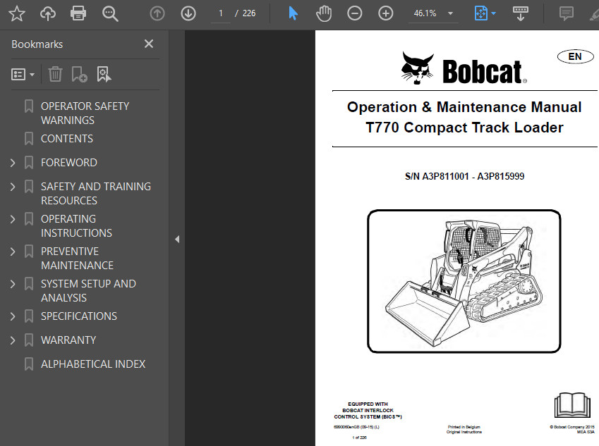 BOBCAT T770 COMPACT TRACK LOADER OPERATORS SERVICE REPAIR SHOP MANUAL PDF USB