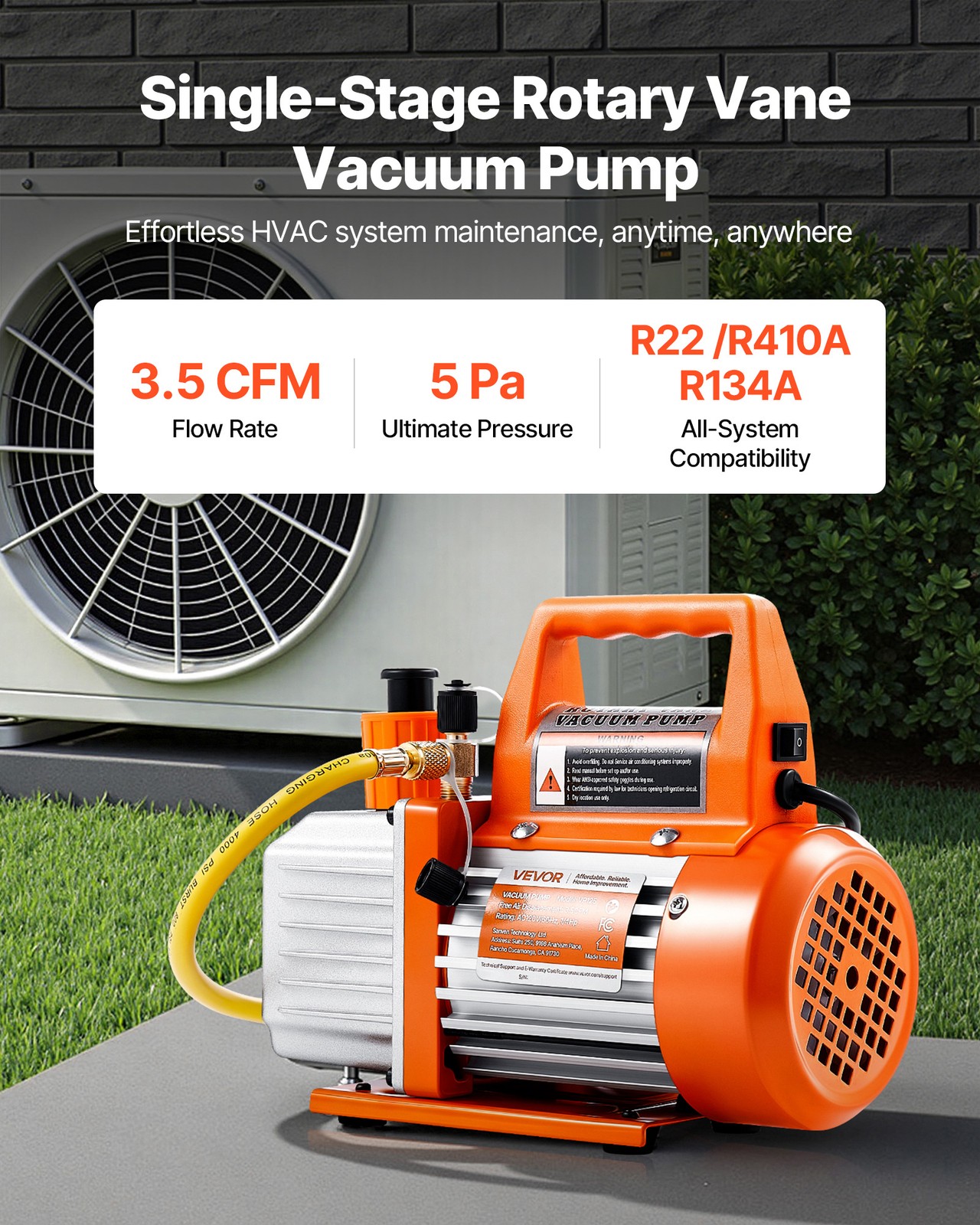 VEVOR AC Vacuum Pump 3.5 CFM HVAC Single Stage Rotary Vane Vacuum Pump