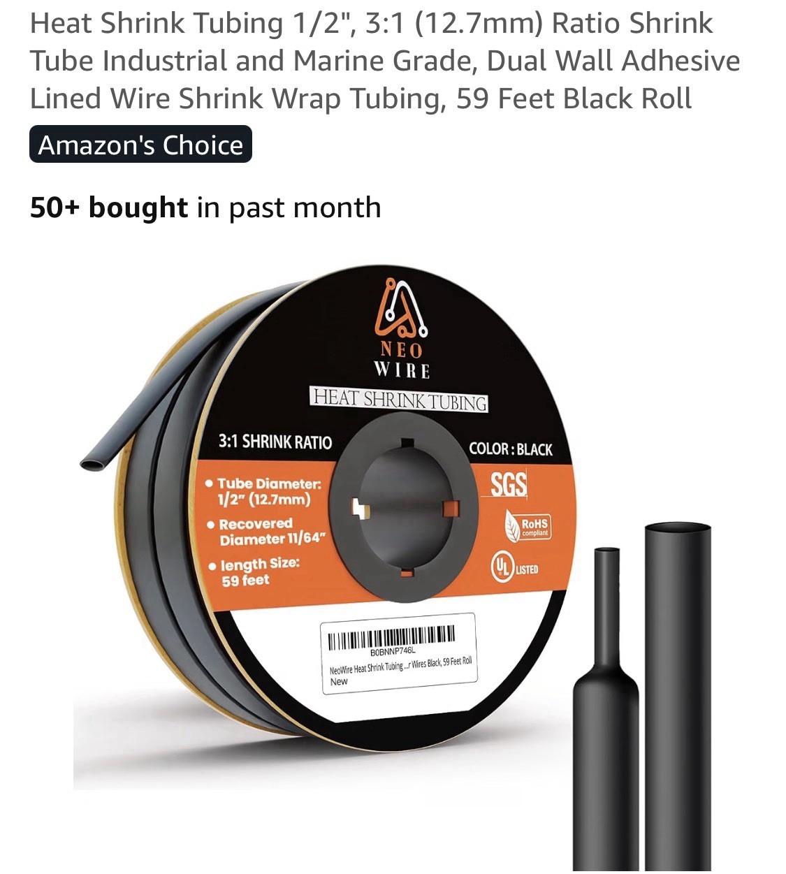 Adhesive Lined Heat Shrink Tubing 1/2″ – 50ft Black, 3:1 Ratio, Durable