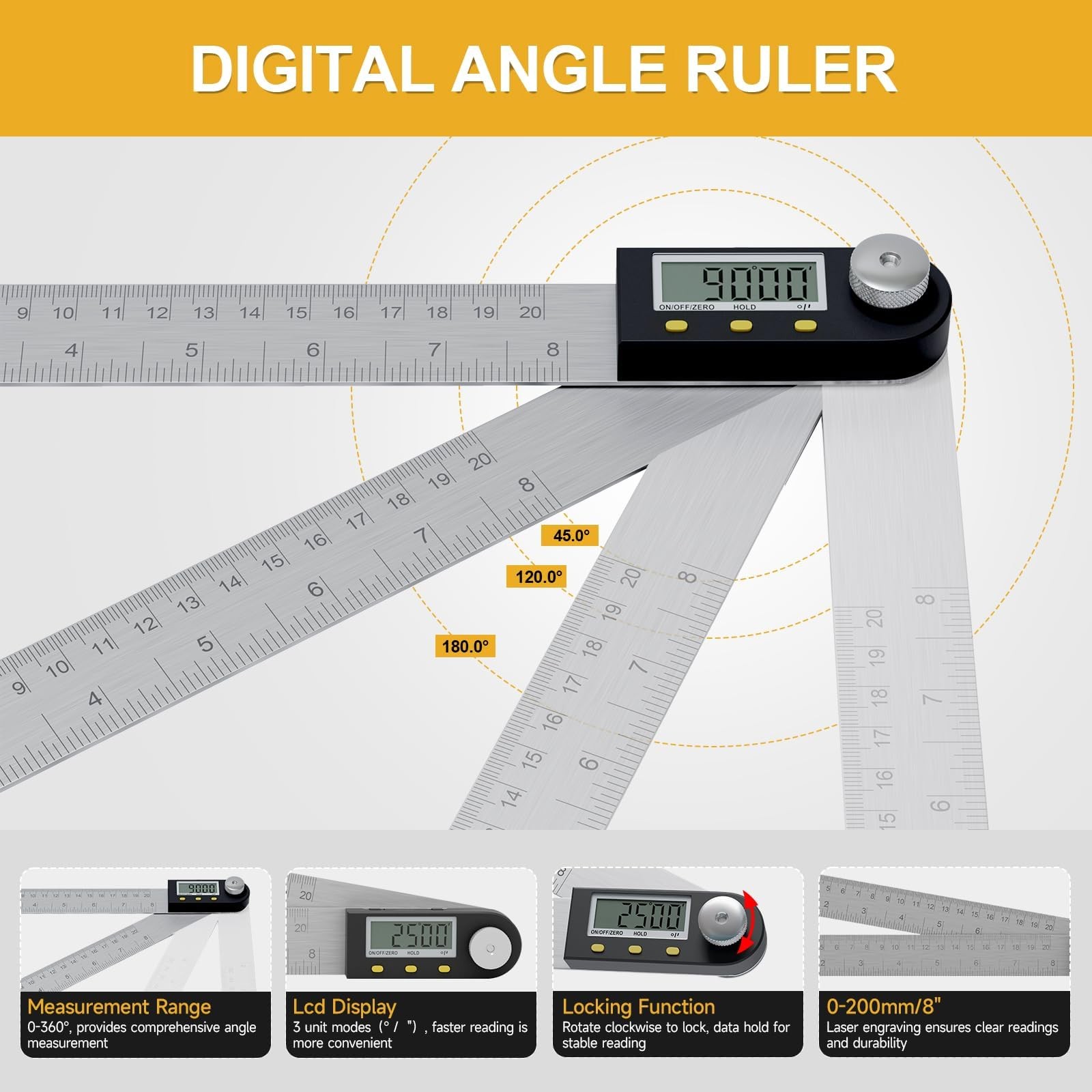 200 mm/8inch Digital Display Angle Ruler, Digital Angle Finder with Electroni…