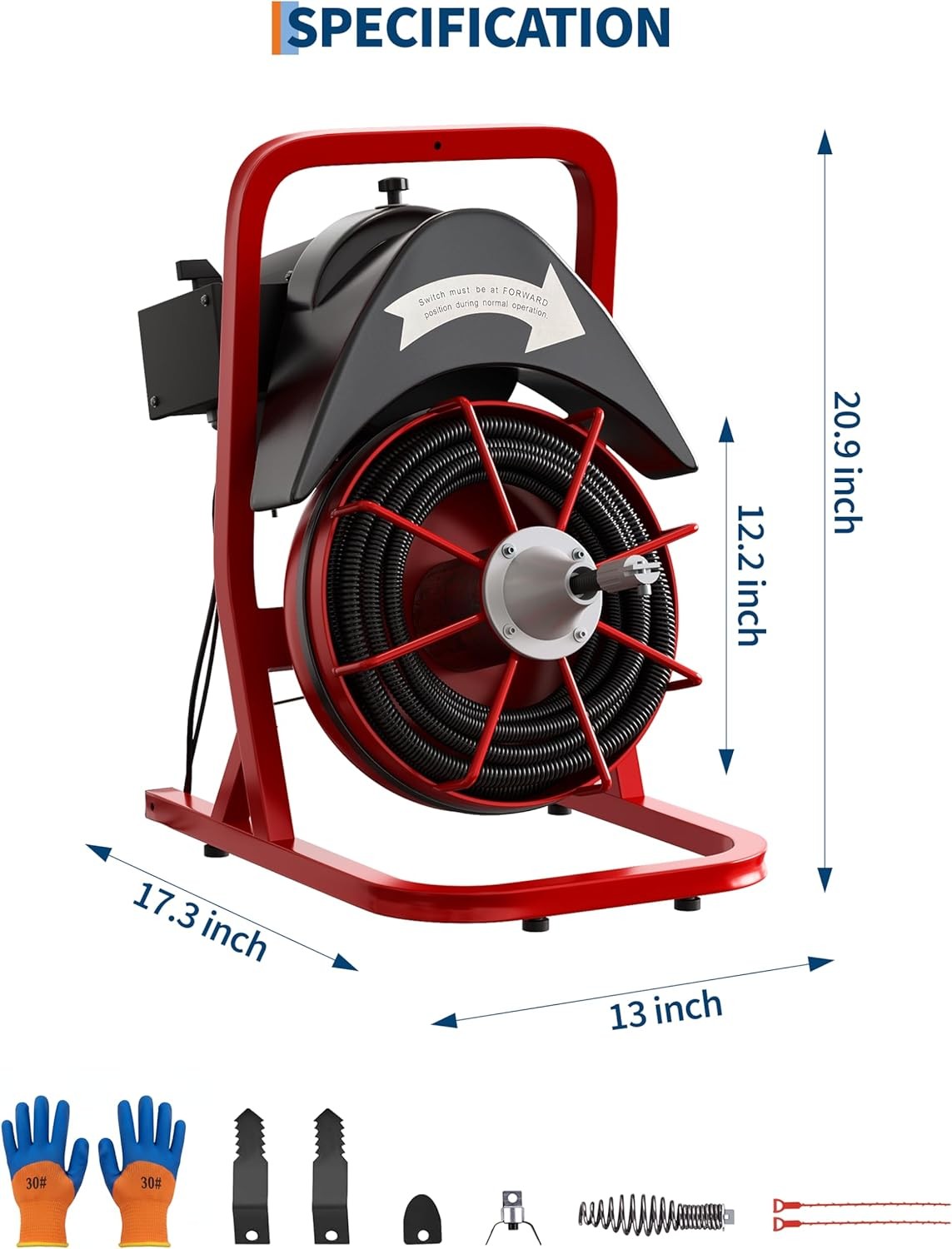 Heavy Duty 370W Portable Electric Drain Cleaner 75 FT X 1/2 in Steel Core Cable
