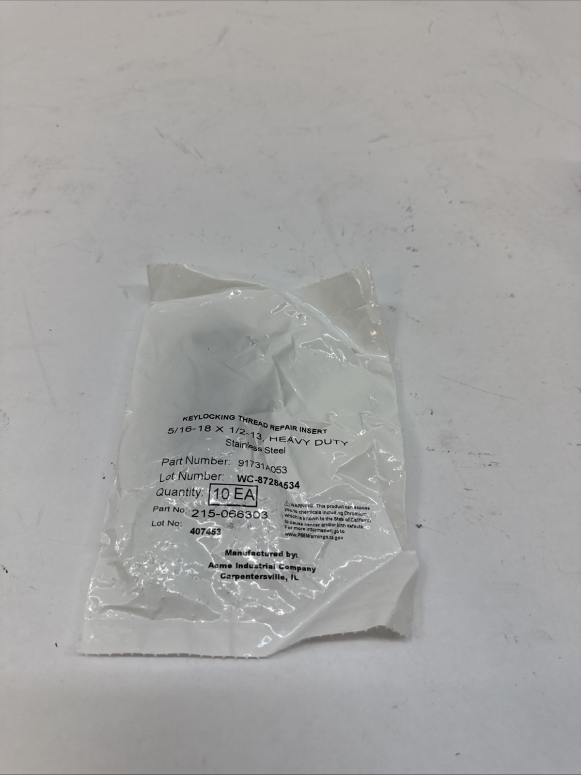 BAG OF 10 NEW ACME CO. 91731A053 5/16-18 X 1/2-13 HD SS THREAD REPAIR INSERT