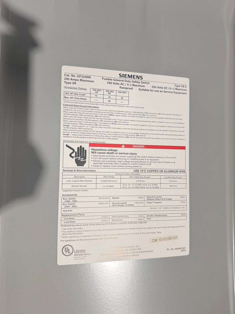 SIEMENS GF324NR 200A 240V FUSIBLE GENERAL DUTY SAFETY SWITCH LG