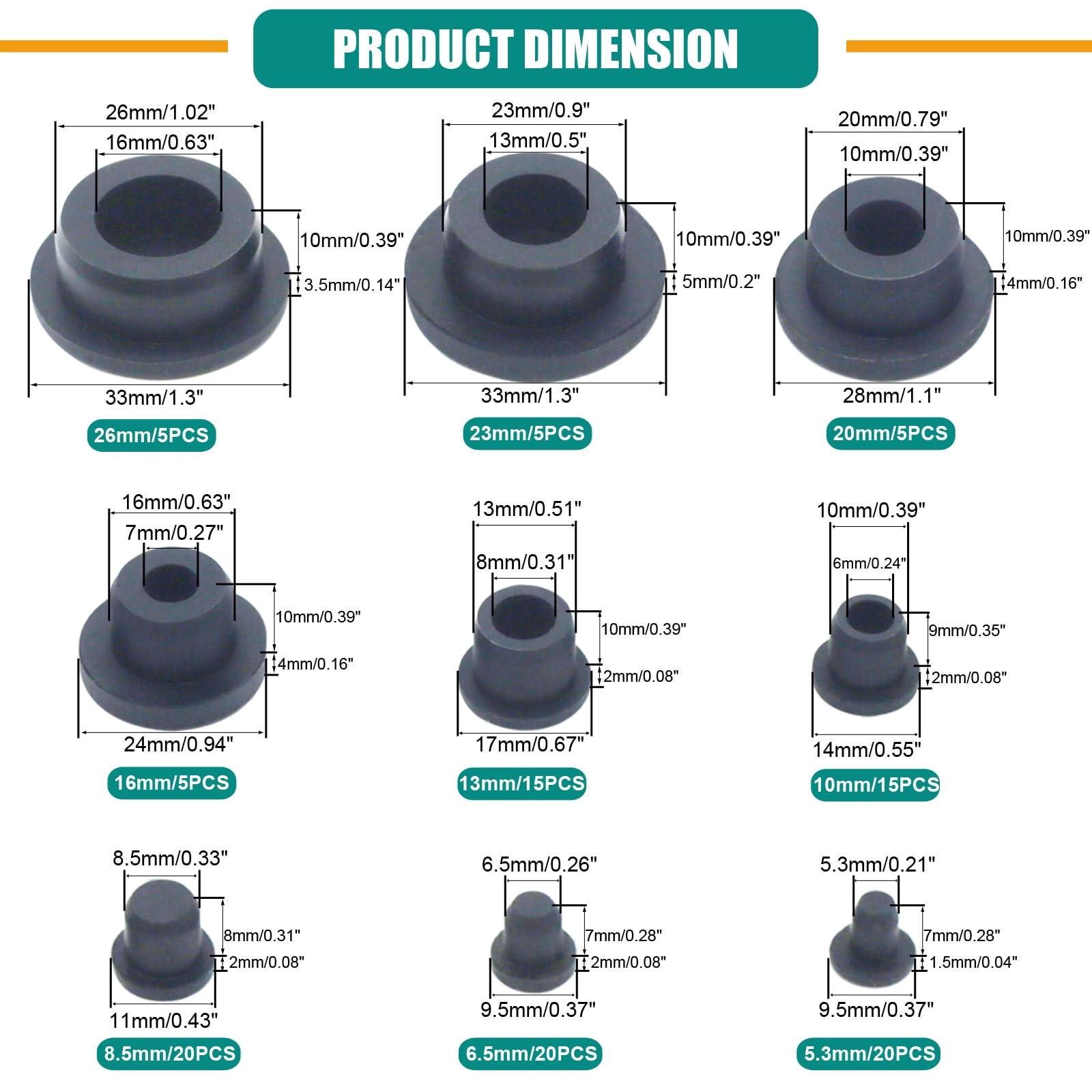 0PCS Black Silicone Rubber Plugs Assorted Sizes T-Shape Hole Stoppers