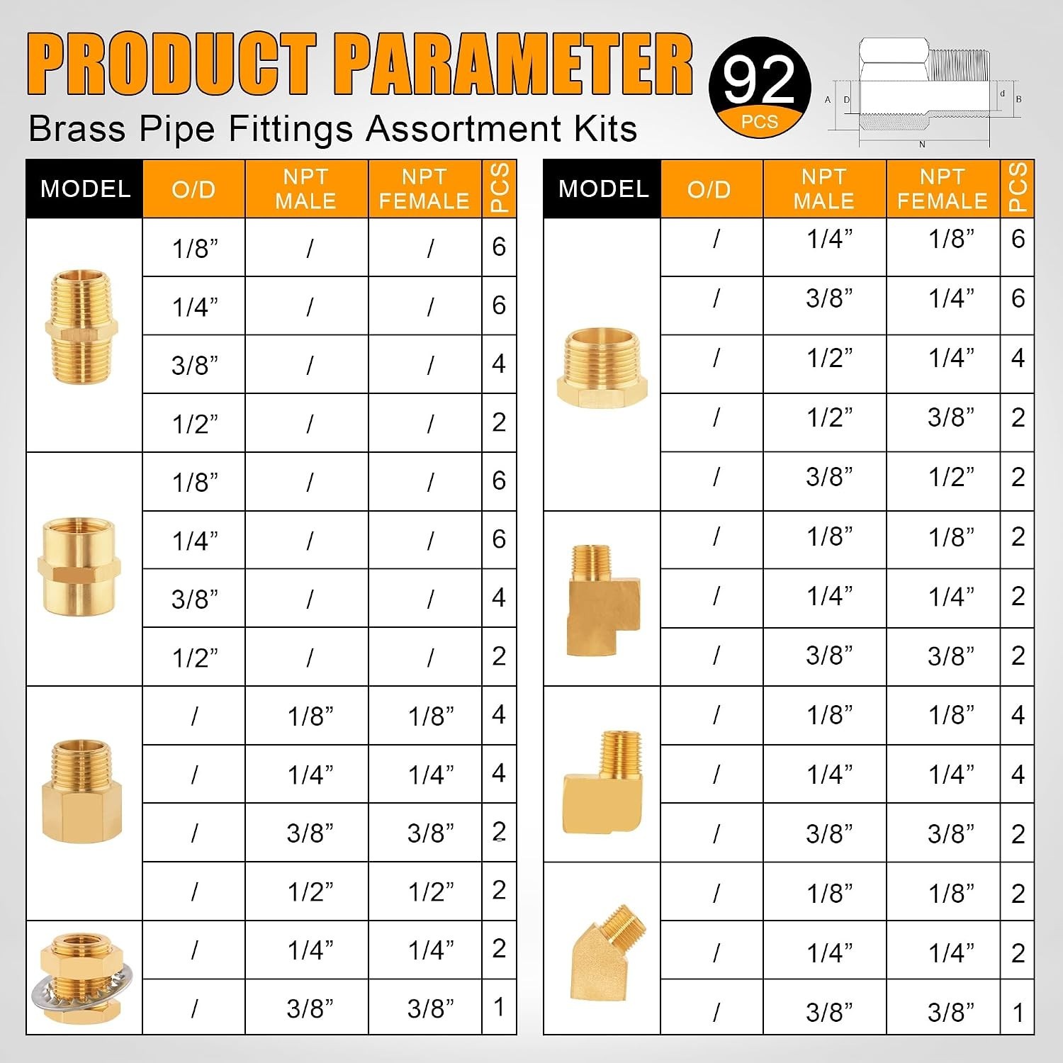 92PCS Brass Pipe Fittings Assortment 92Pcs Ki