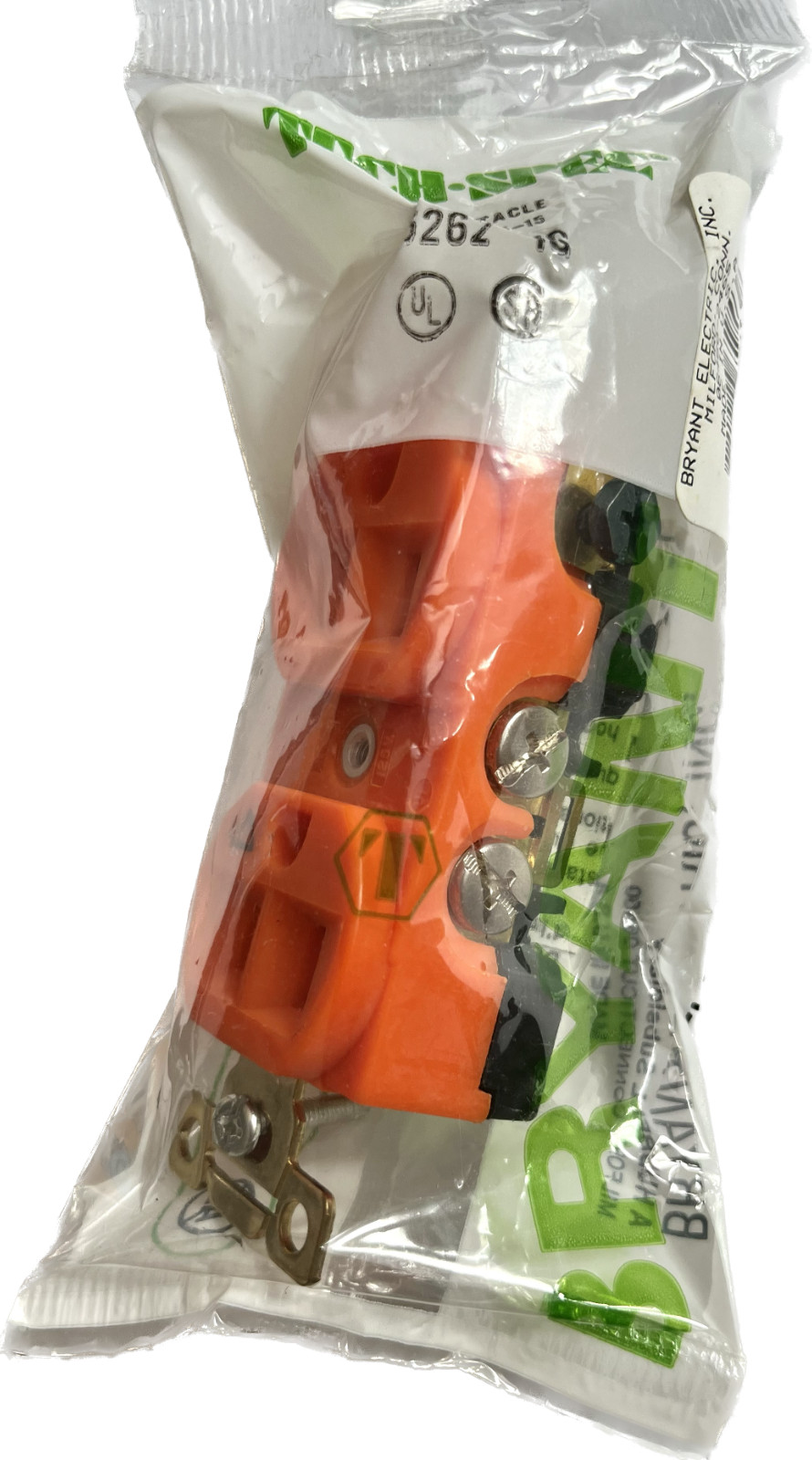 BRYANT 5262-IG 2P3W, 15A, 125V, 5-15R, Duplex, Back & Side Wired, Orange