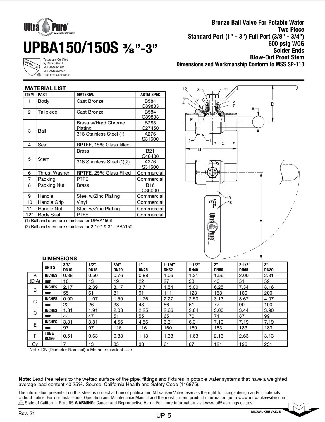(6) 3/4″ Solder Full-Port Lead-Free Bronze Ball Valve 600WOG 150WSP, MADE IN USA