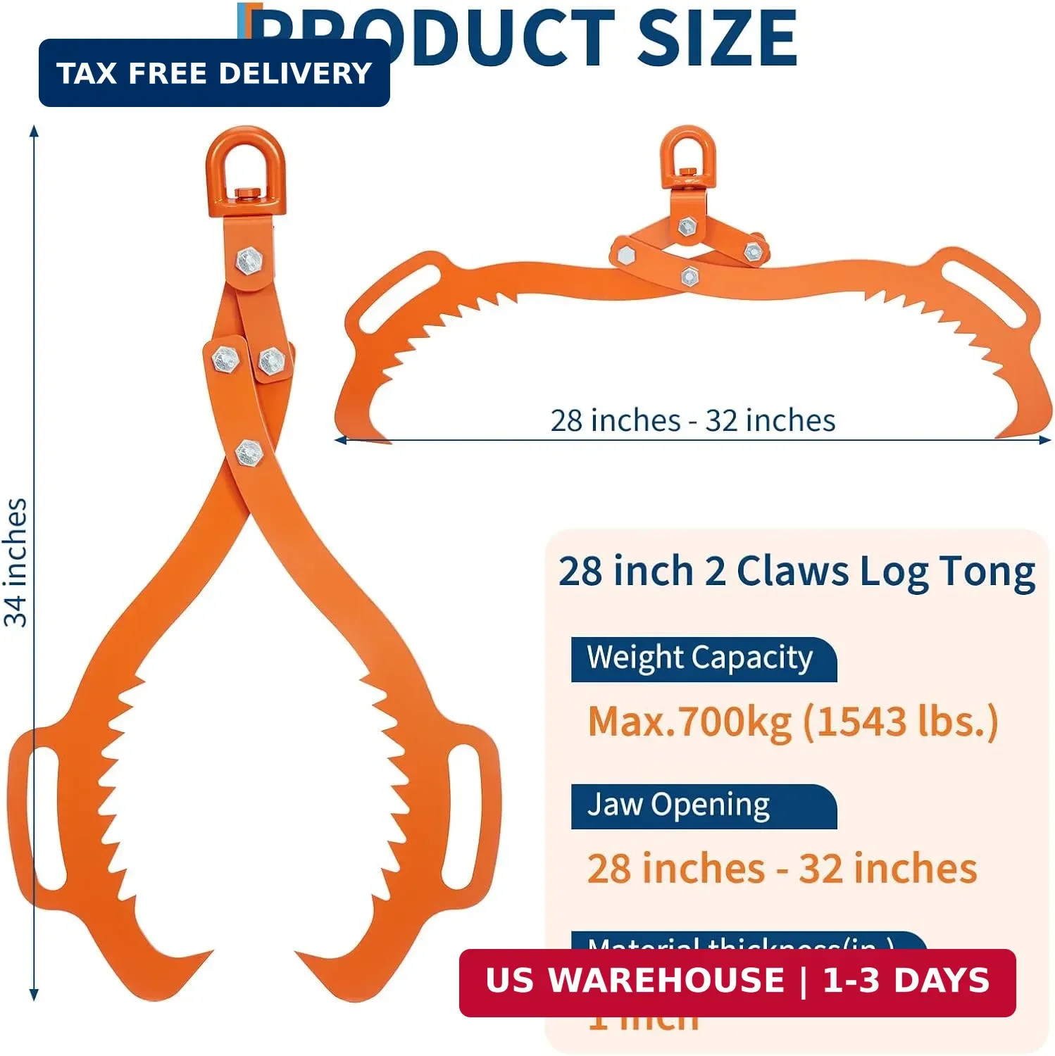 GarveeLife Log Lifting Tongs 28 in 2 Claw, Log Grapple Logging Tongs with 2 Serr