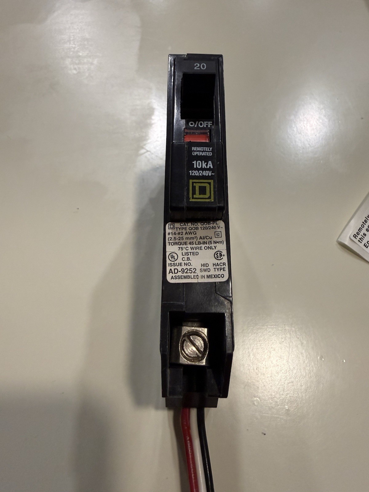 Square D QOB120PL5393 20A 1-Pole 120/240V Bolt-On Remote Circuit Breaker