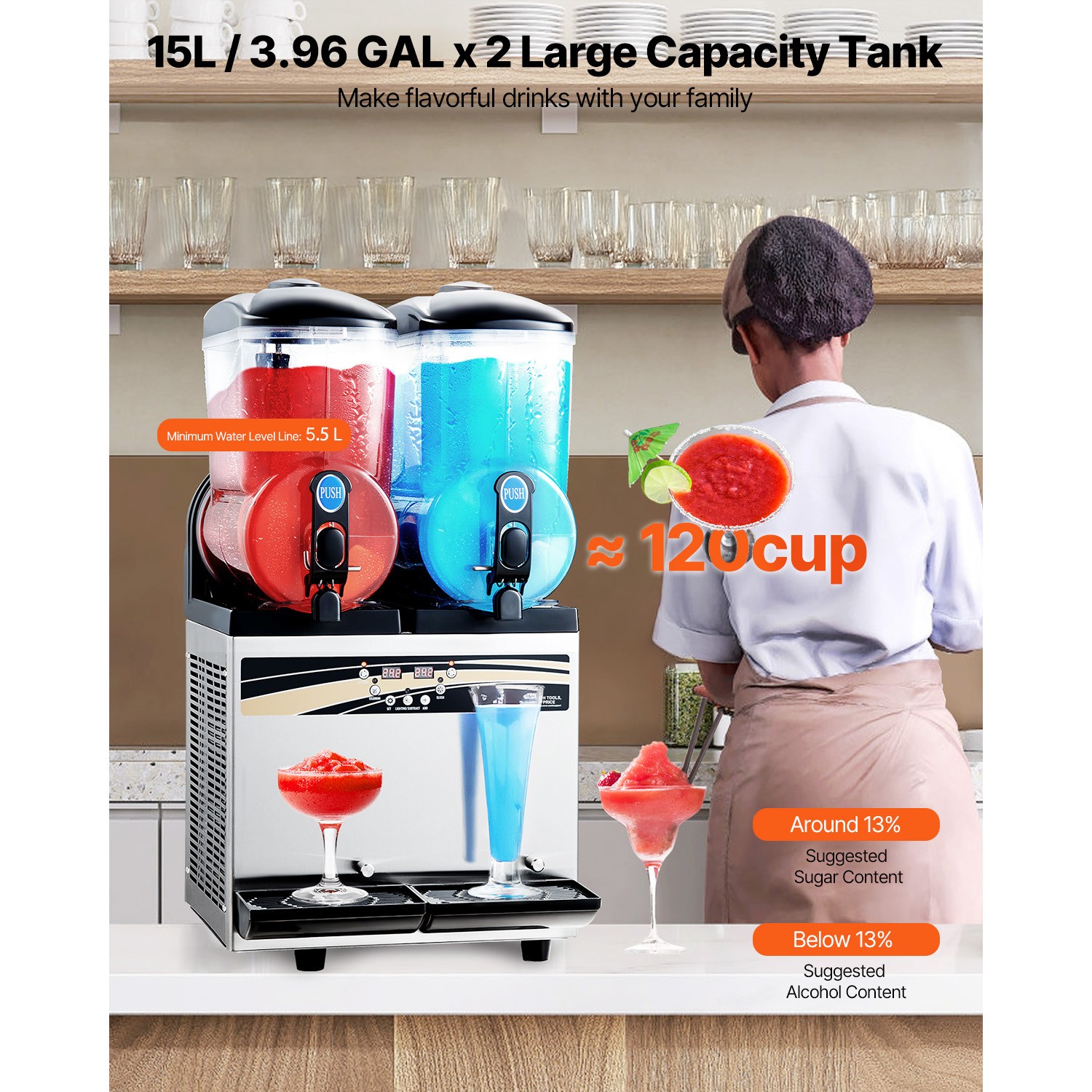 Uimoso Dual-Tank Frozen Drink Machine for Slushies and Margaritas, 15L Capacity