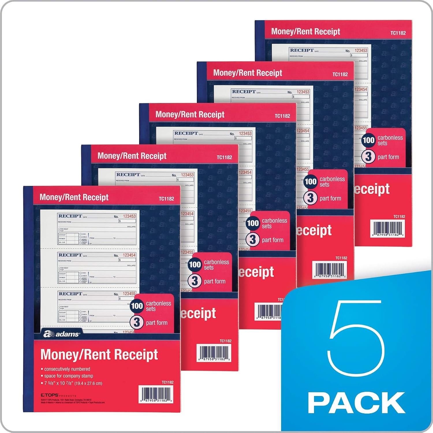 Adams Money Rent Receipt Books 7.6×10.9″ 3-Part Carbonless 5pk TC1182-5