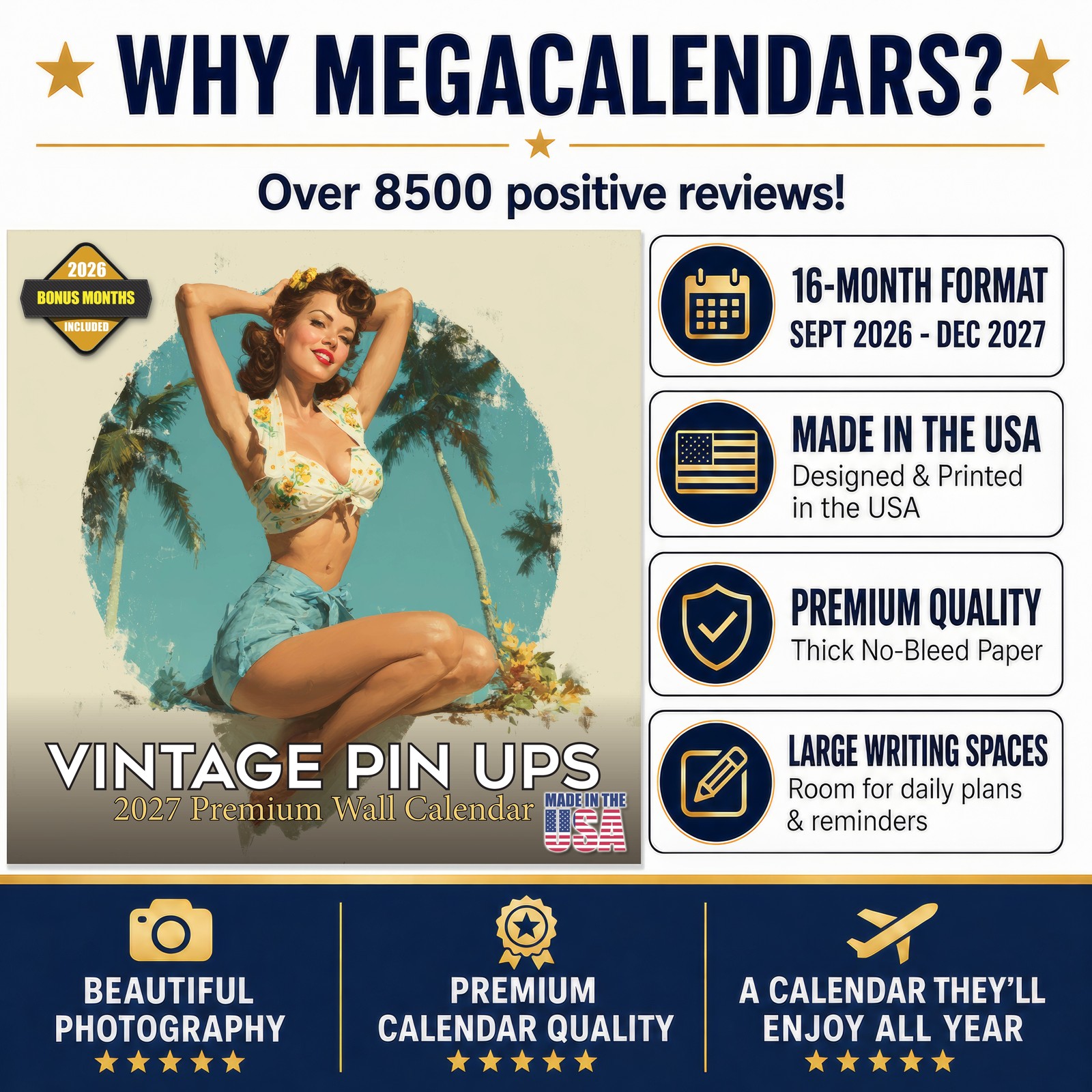 Vintage Pin Ups Wall Calendar 2026 FULL SIZE 12×24 Made in USA