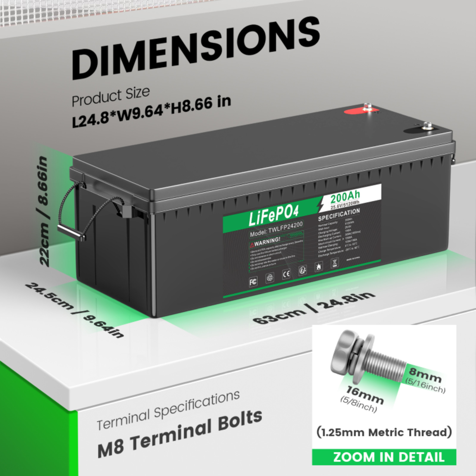 24V 100Ah LiFePO4 Lithium Battery Cycle Deep Built-in BMS for Solar RV Off-grid