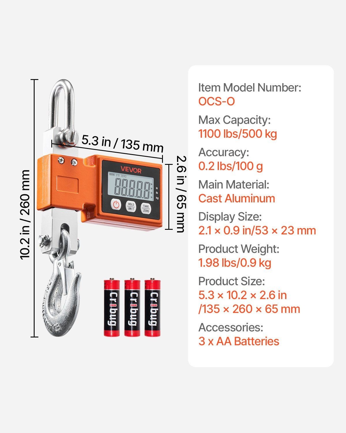 Digital Crane Scale 1100lb/500kg, Cast-Aluminum Body, 0.2lb Resolution