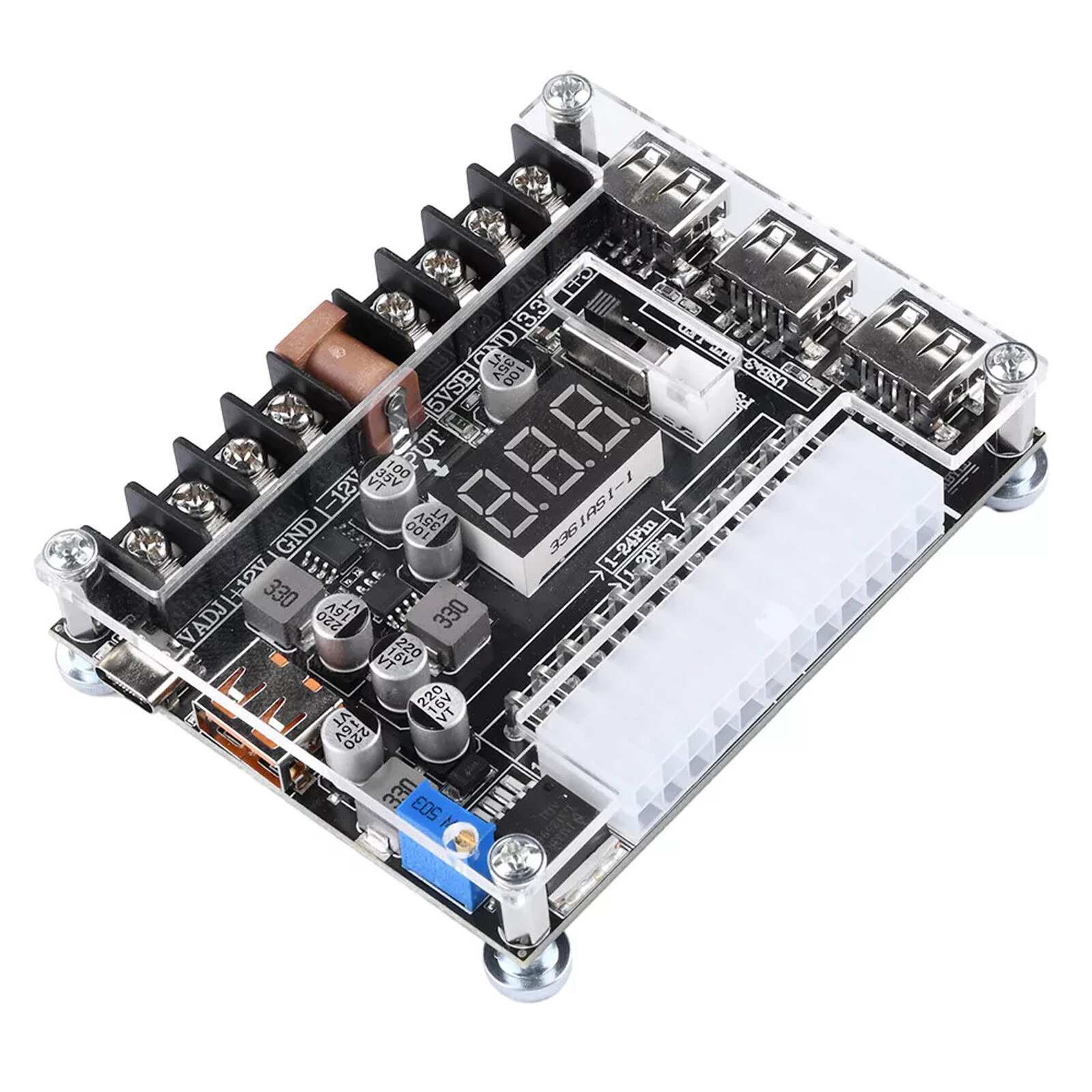 20/24Pin ATX Power Supply Breakout Board Adjustable Voltage Module / Case NEW