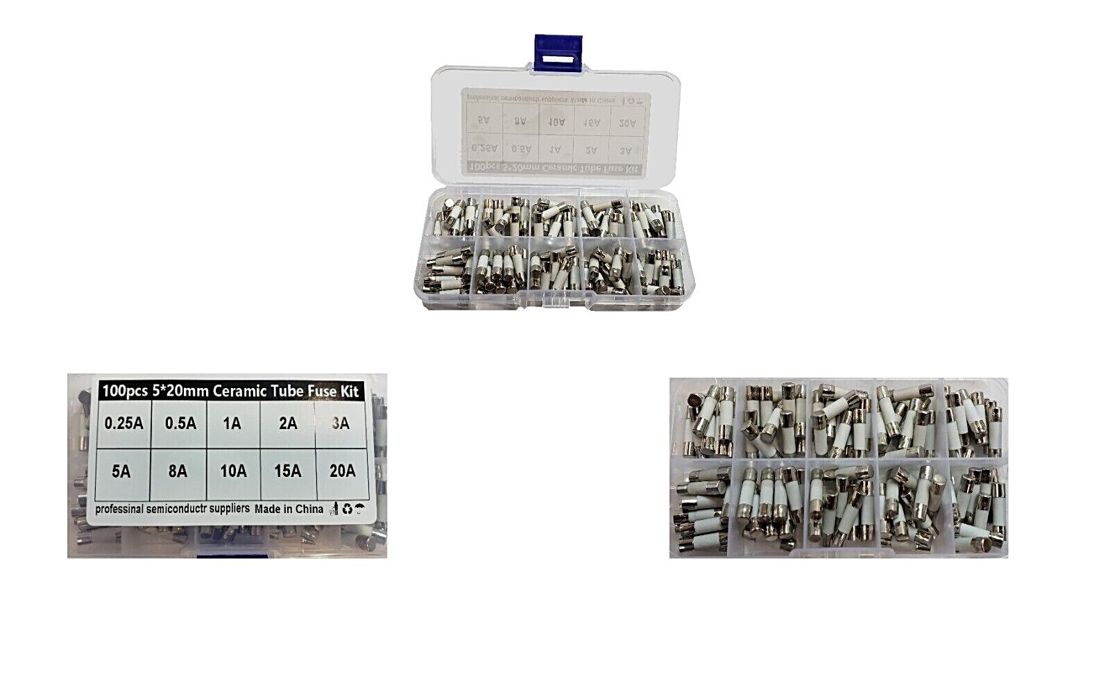 Fast Blow Ceramic Fuse KIT 0.25A 0.5A 1A 2A 3A 5A 8A 10A15A 20A 5x20mm (100x)