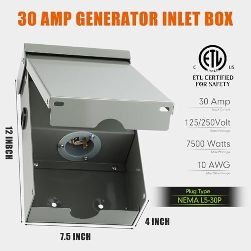 Blulu 30 Amp Power Inlet Box Pre-Drilled Generator Inlet Box NEMA L5-30P 3-Prong