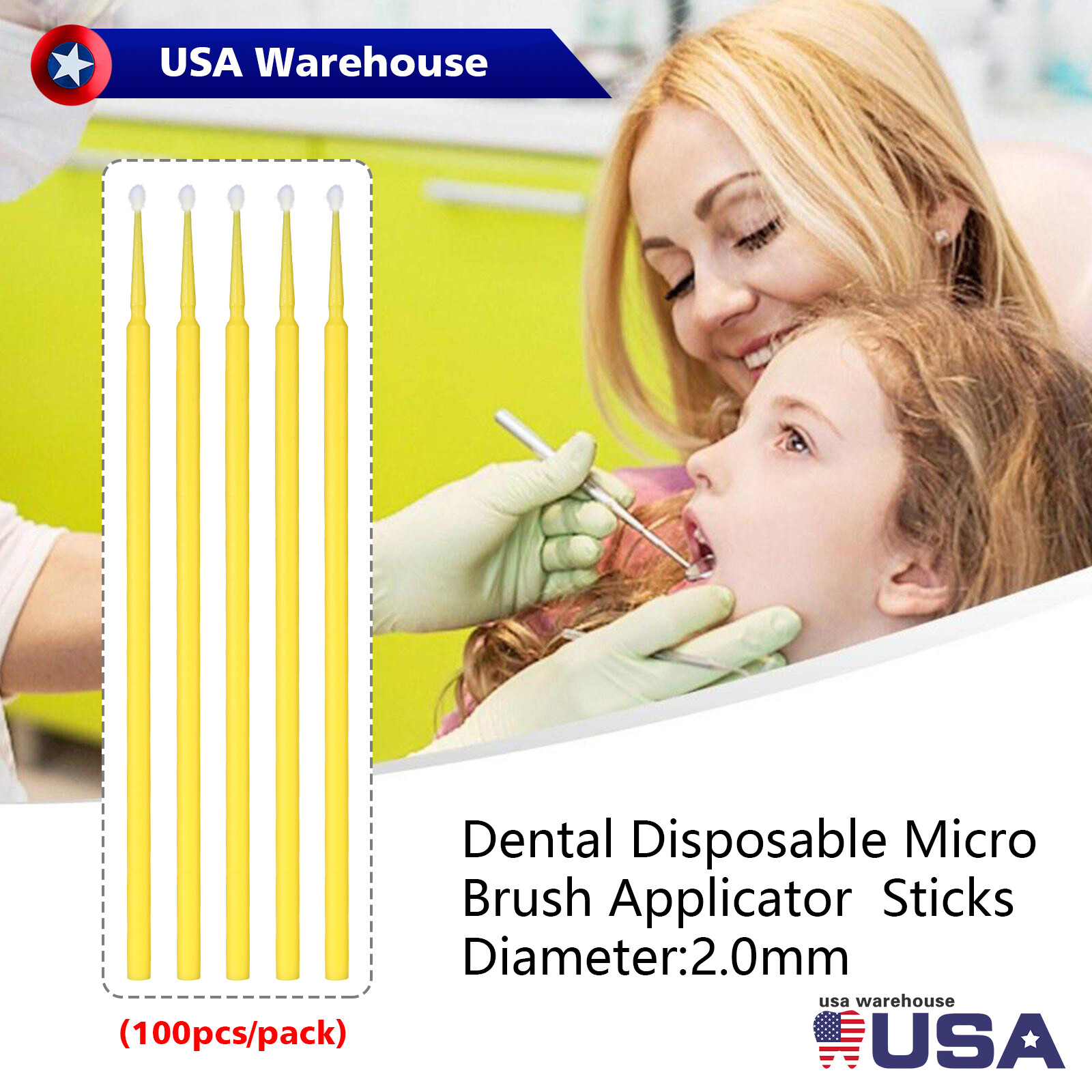 100 Micro Brushes Applicators Microbrush Dental Regular Yellow 2.0 mm