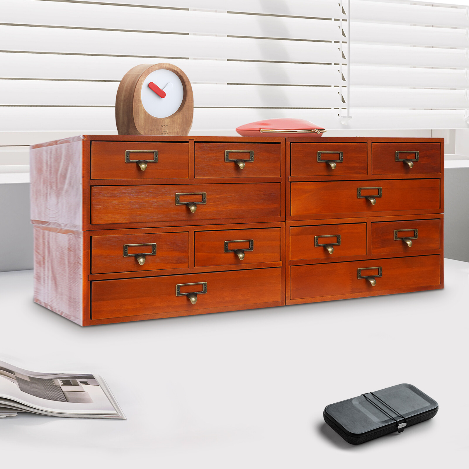 4 Pack 3 Drawer Wooden Desktop Organizer Drawer Storage Box For Tabletop- Brown