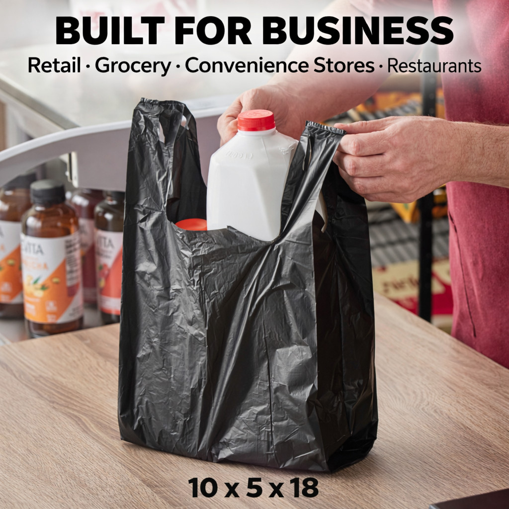 Medium Duty Black Plastic T-Shirt Bags 10x5x18 0.63 Mil Grocery Carryout Bags