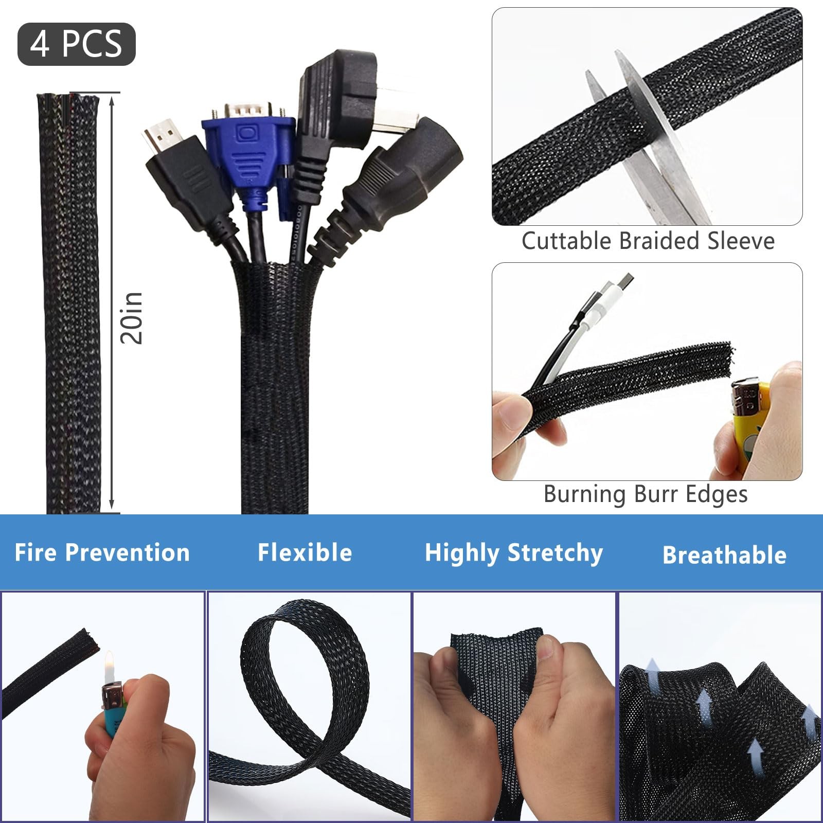 ELII 327 PCS Cable Management Kit 4 Sleeves,65 Clips Black