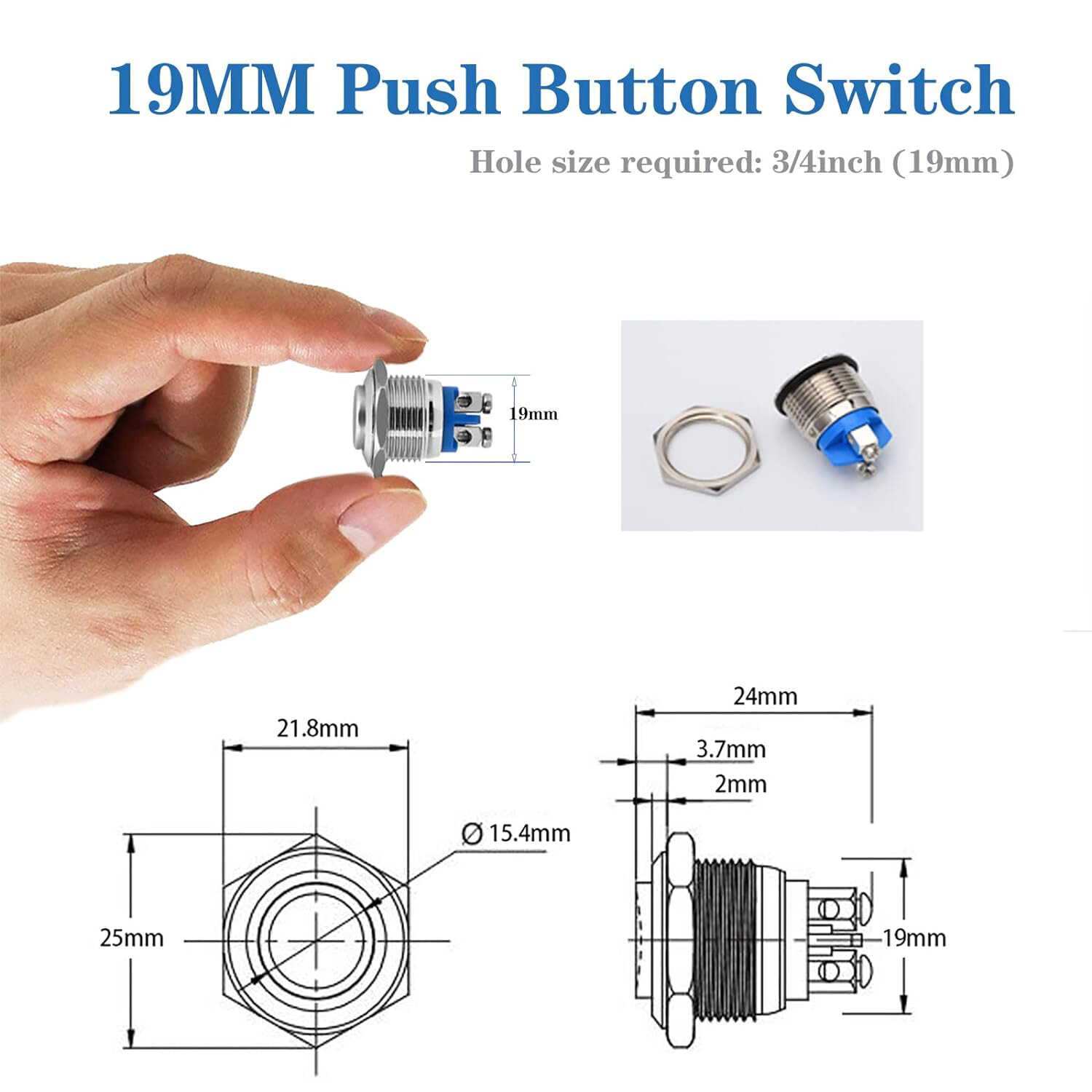 19mm Water Proof Starter Switch Boat Horn Momentary Push Button Stainless Steel