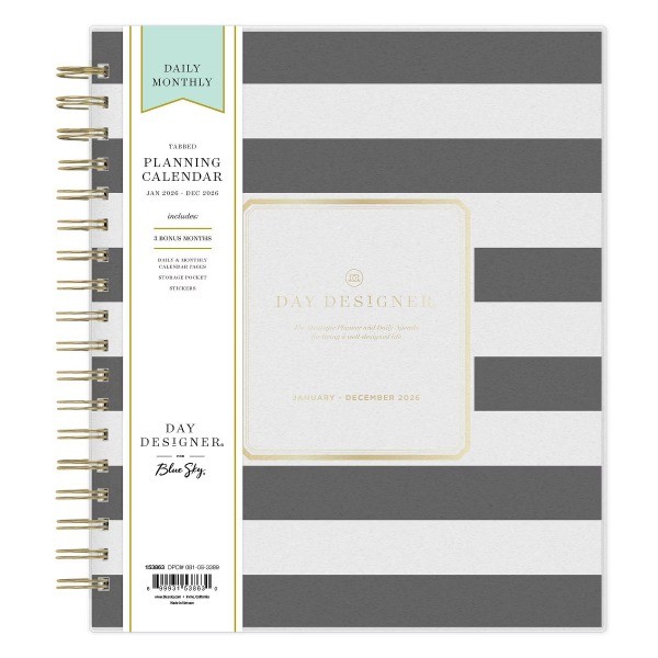 2026 Daily/Monthly Planner 8"x10" Rugby Stripe Black Frosted