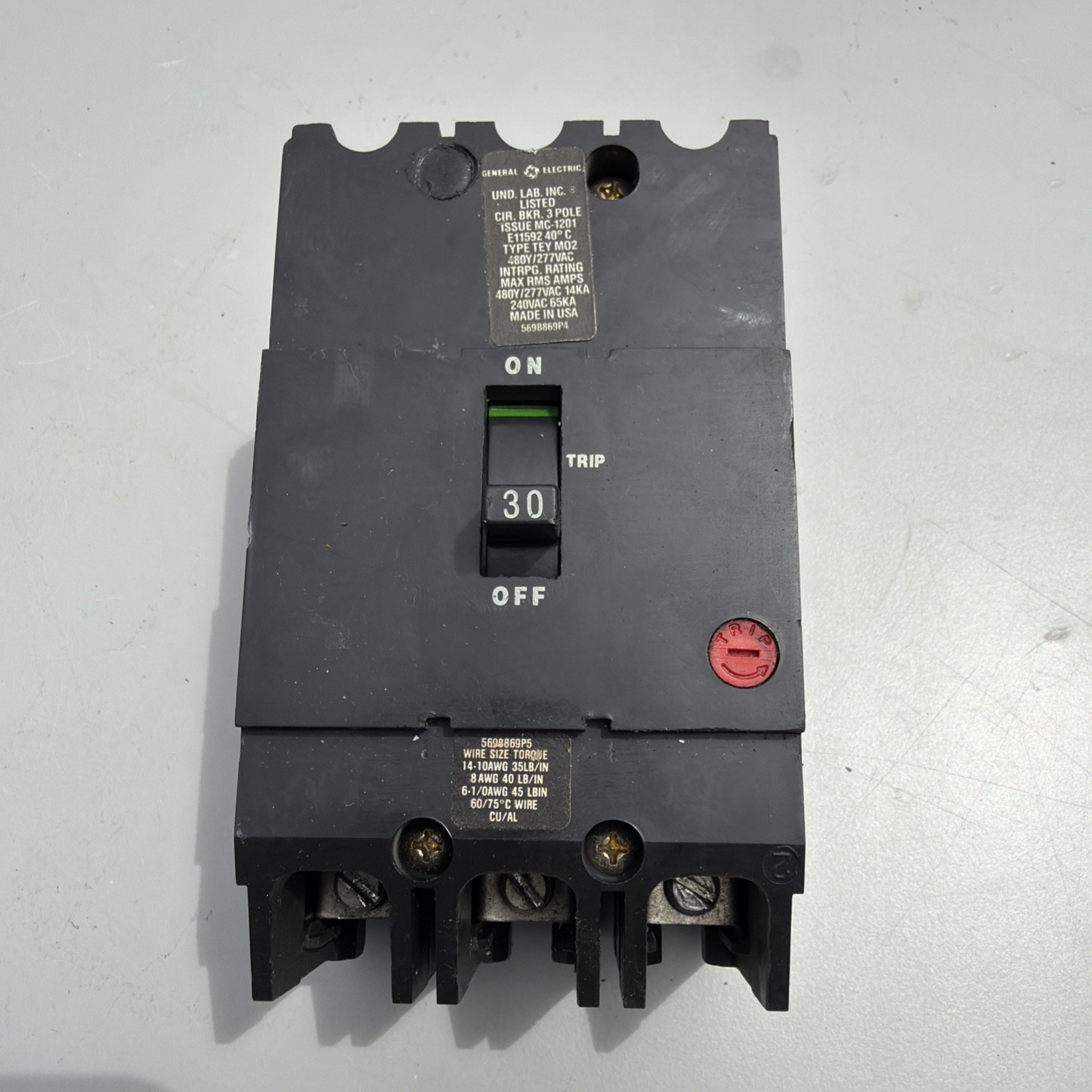 GE TEY330 CIRCUIT BREAKER, 480/277-VOLT, 3-POLE, 30-AMP, BRK / TEY FRAME