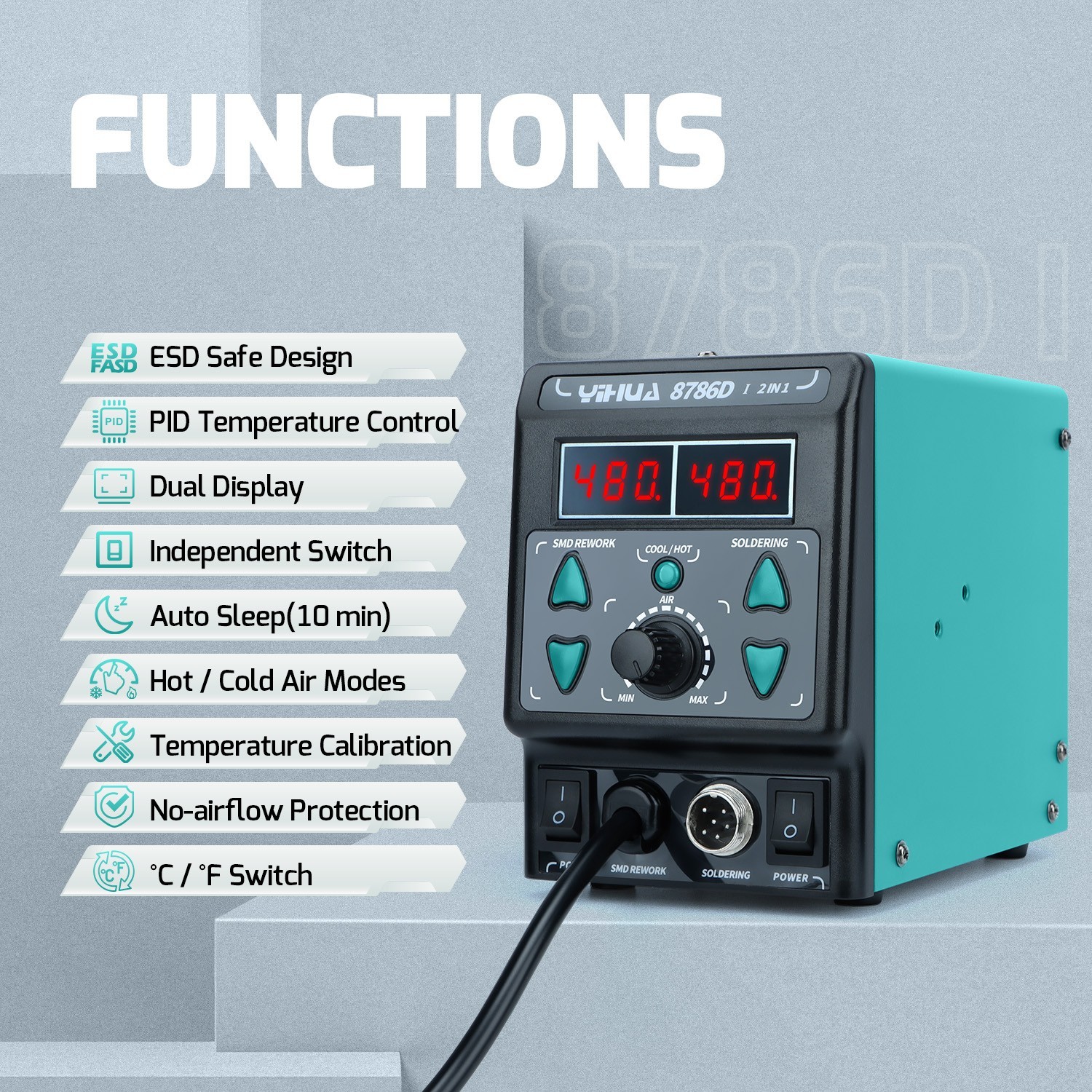YIHUA 8786D-I Digital Hot Air Rework Station with Soldering Station Complete Kit