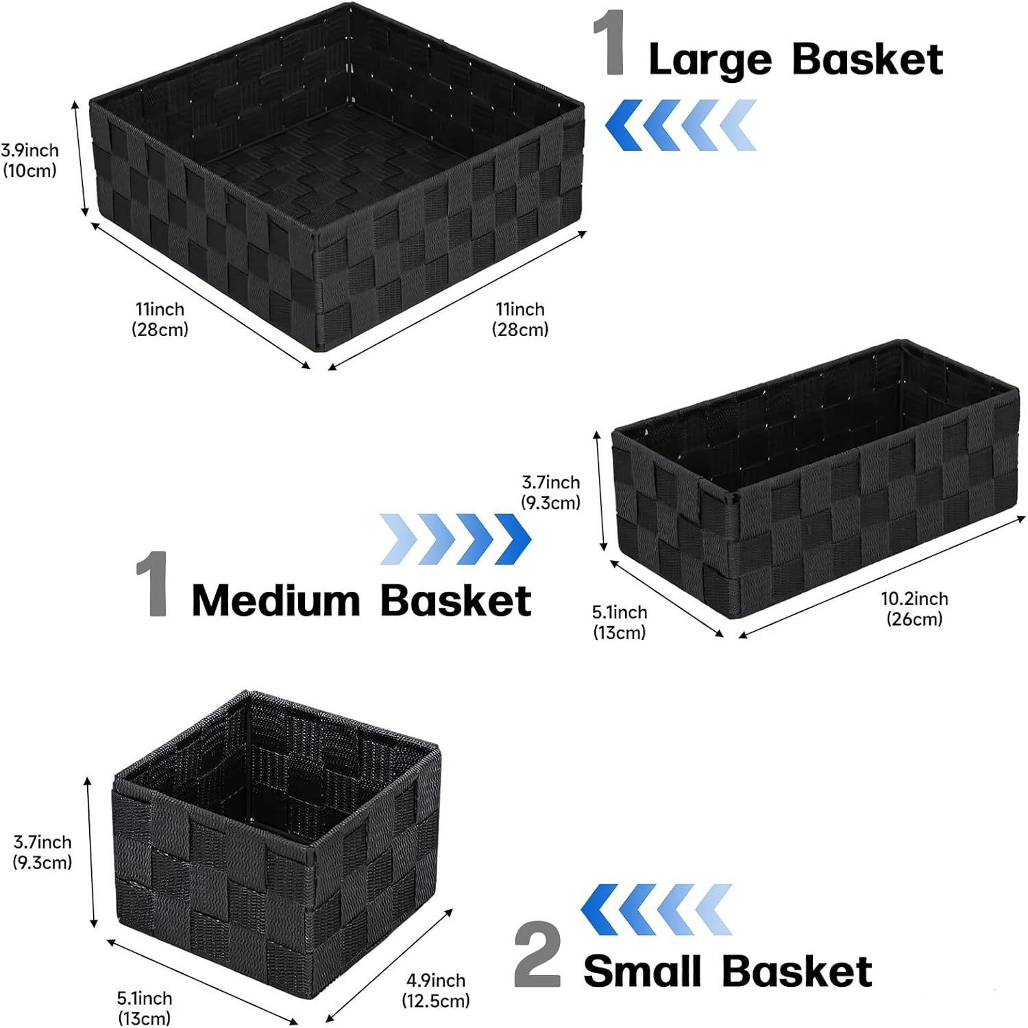4pc Black Woven Basket Set Closet Drawer Organizer Small Storage Bins Metal Fram