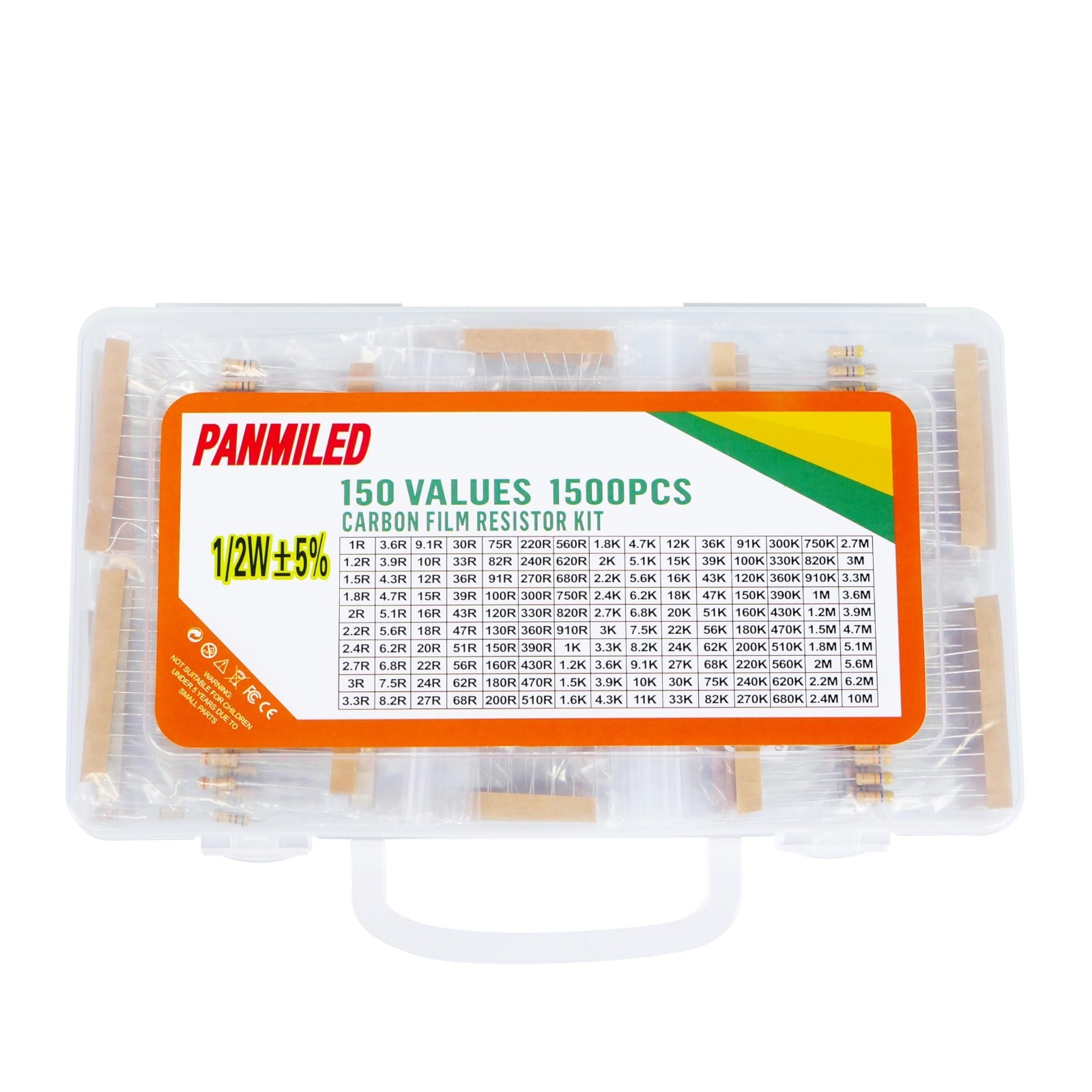 1500-Piece Carbon Film Resistor Kit 1Ω-10MΩ 0.5W 5% Assortment for Electronics