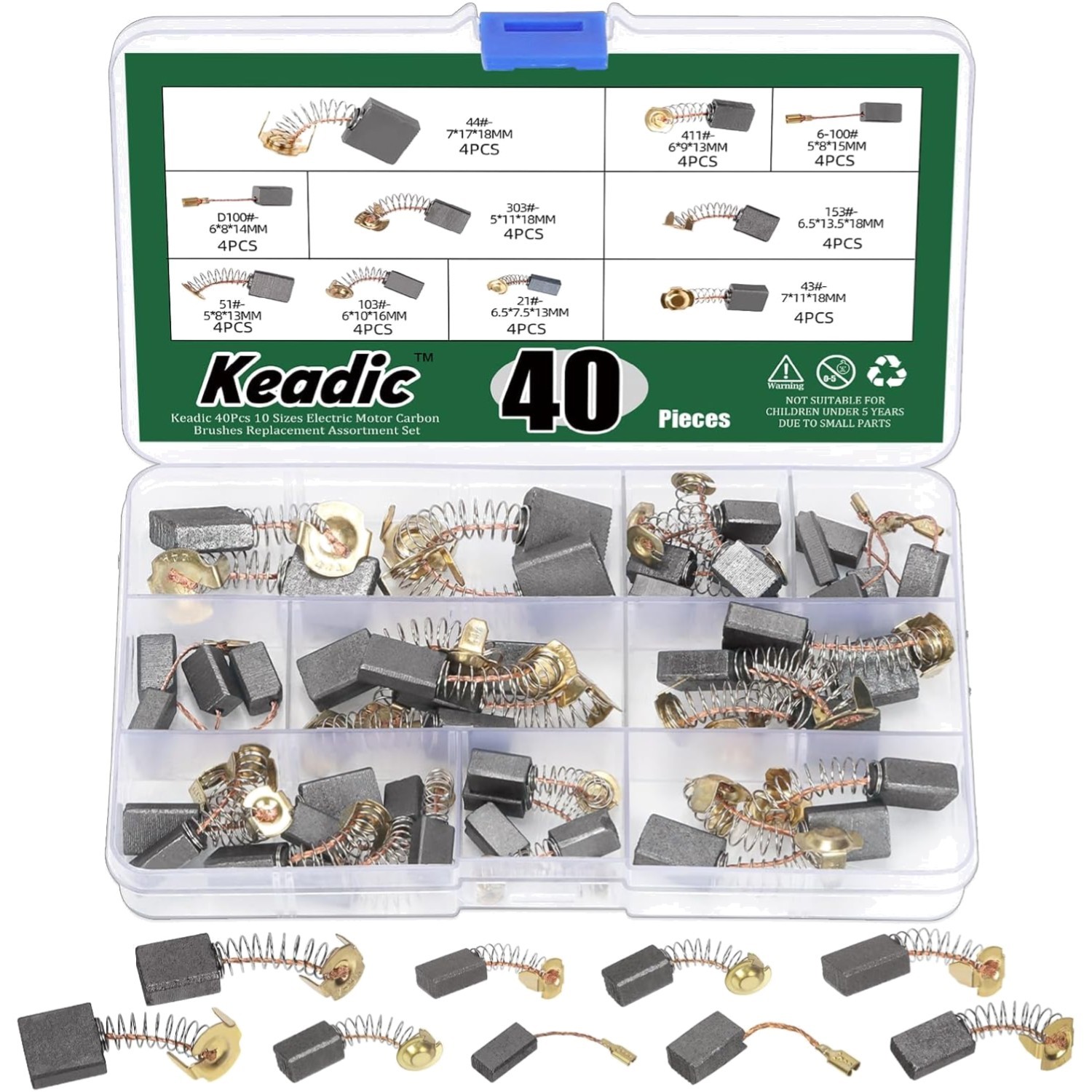 «Electric Motor Carbon Brushes 40pcs Assortment, 10 Sizes Replacement Brush Kit»