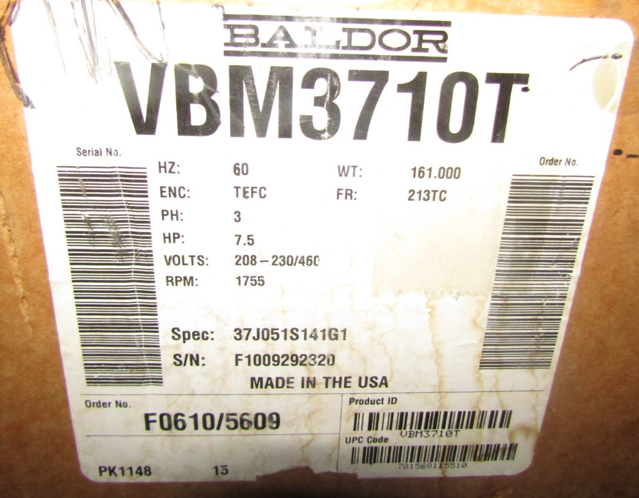 Baldor VBM3710T 7.5hp Brake Motor 1755RPM 213TC Frame 3PH 208-230/460V TEFC CL F