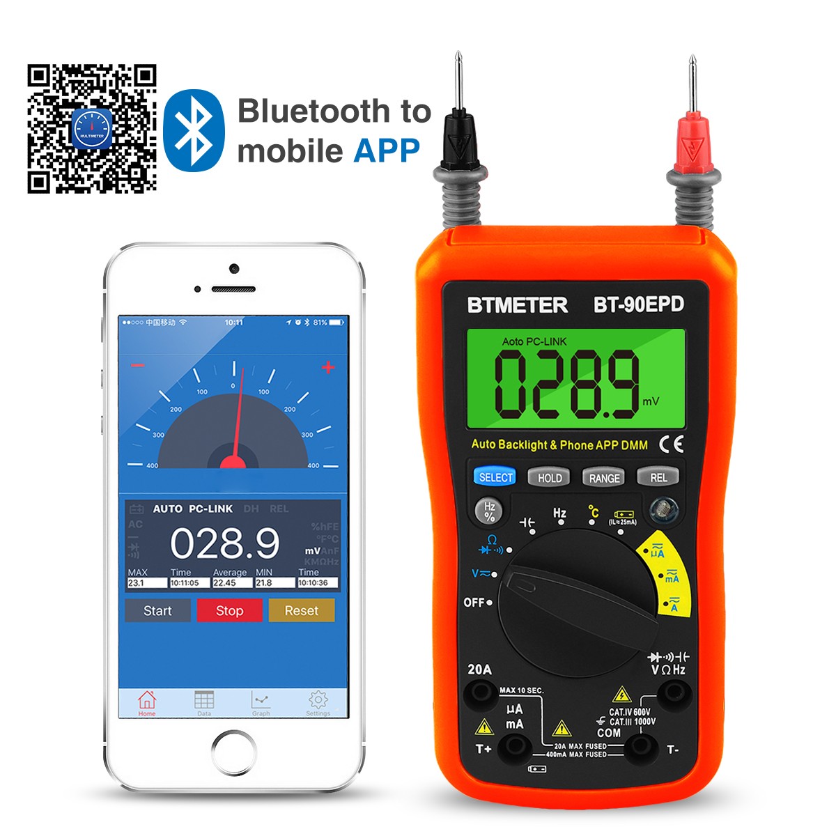 Multimeter Bluetooth 1832°F 5.12MHz 1000V 20A 4000C Auto-Range Data Hold Backlit