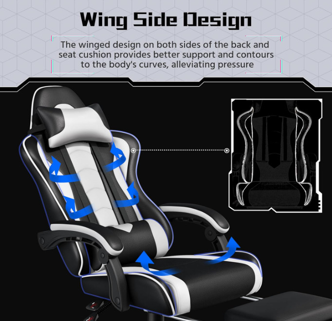 Silla gamer ergonómica con masaje lumbar, reposapiés y altura ajustable, Nuevo