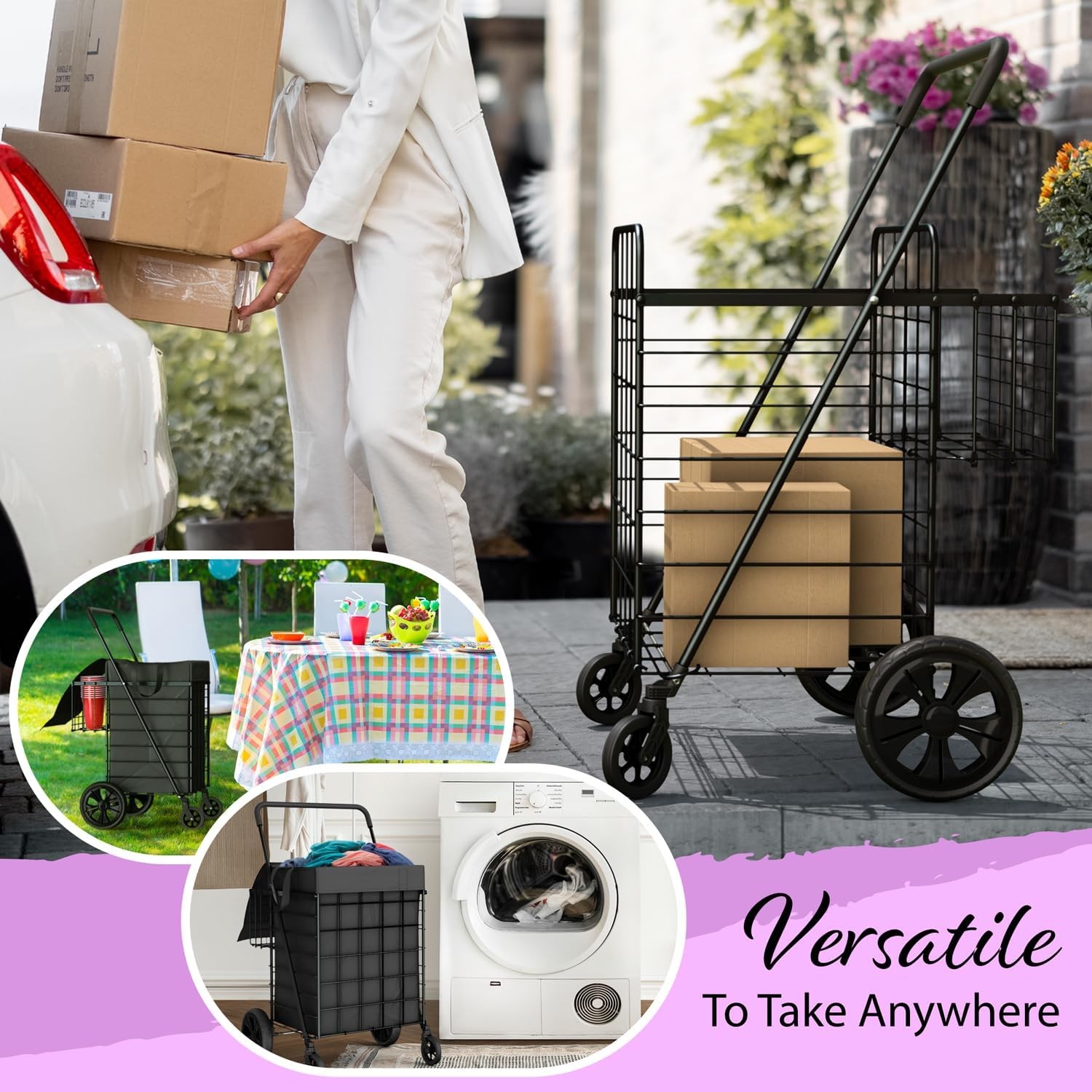 Folding Utility Shopping Cart with Double Basket, Swivel Wheels