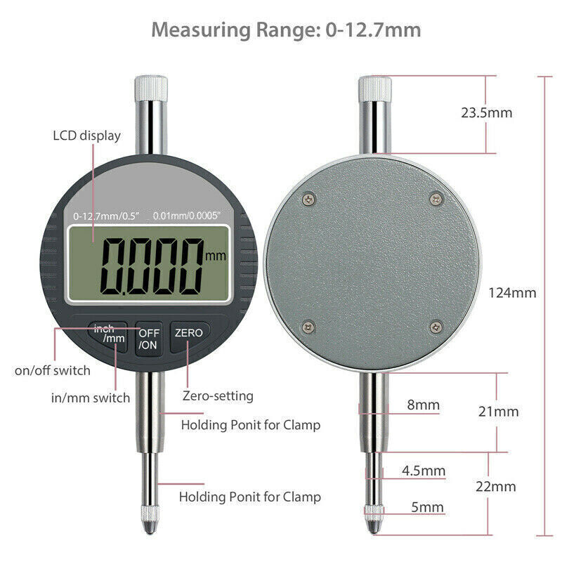 LCD Digital Dial Test Indicator DTI Gauge Range 0-12.7 mm Measuring Range Probe