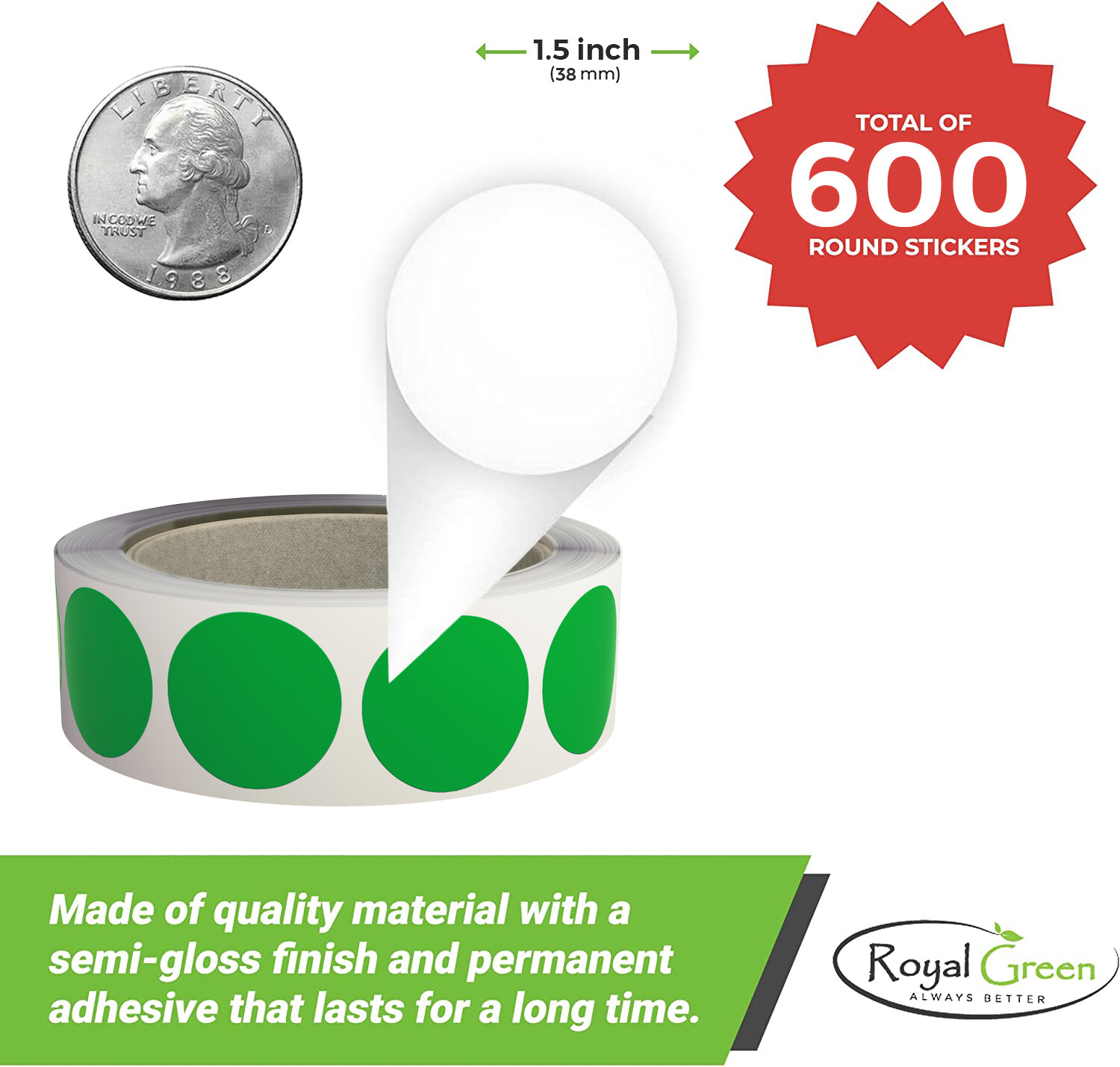 Royal Green Colored Circle Stickers 1.5 Inch (38mm) Color-Coding Roll 600 Pack