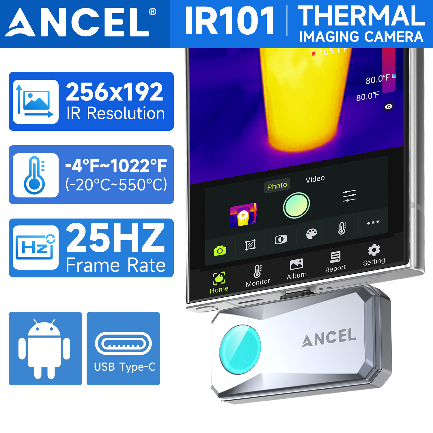 ANCEL Thermal Imaging Camera for Android 256×192 IR Resolution 25Hz Refresh Rate