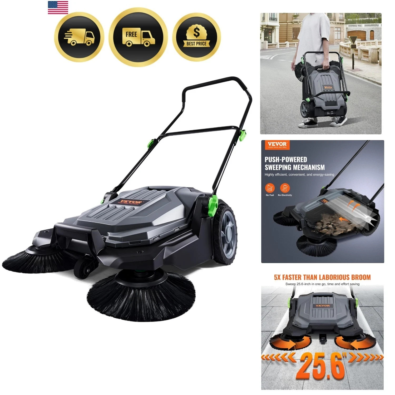 Walk-Behind Hand Push Floor Sweeper 25 6 Inch Sweeping Width Manual Non Electric