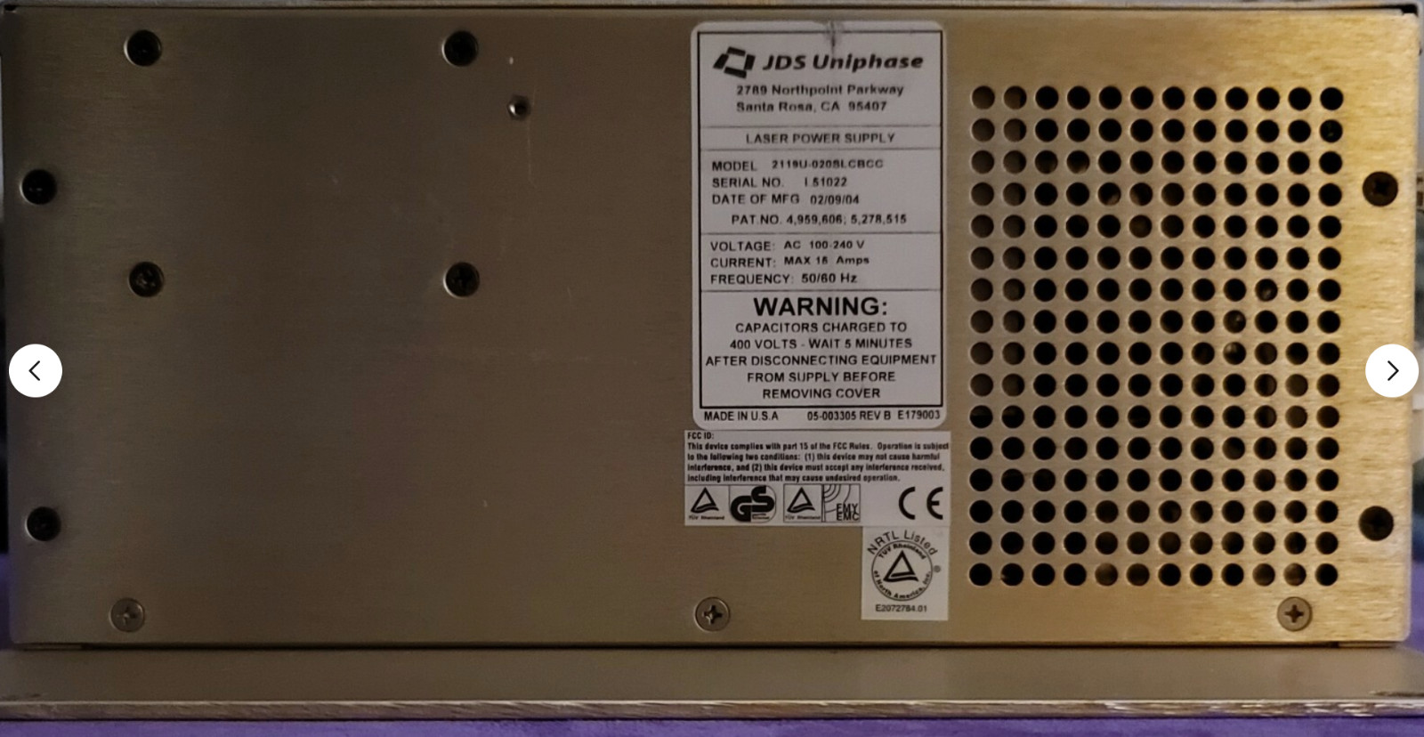 JDS UNIPHASE LASER POWER SUPPLY 2119U-020SLCBCC 100-240V MAX 15A 50/60HZ