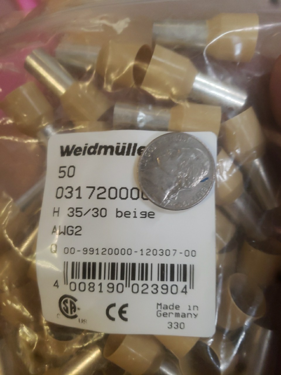 Lot of 50 WEIDMULLER 2AWG INSULATED FERRULE H 35.0/30 INS BEIGE 0317200000
