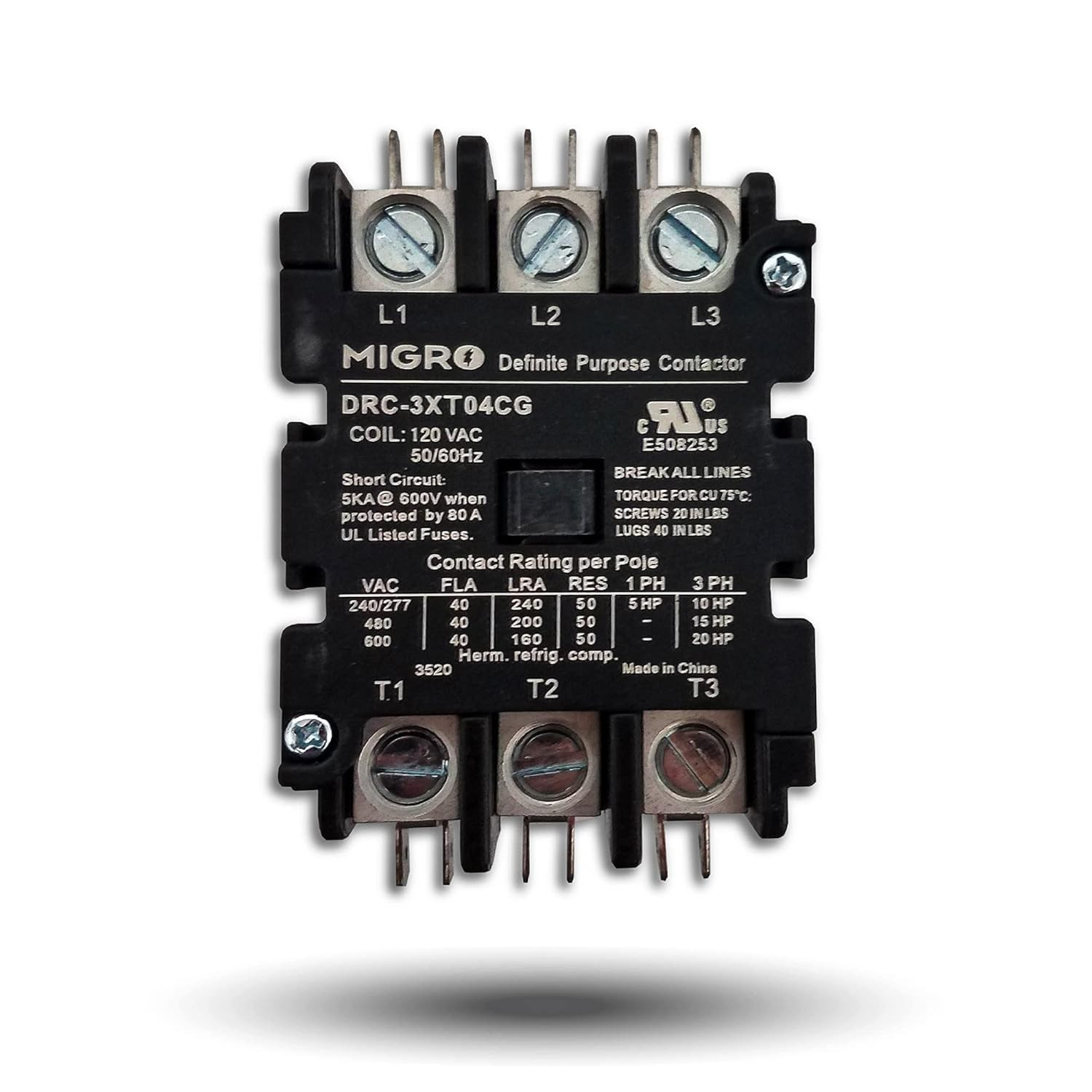 50 Amp Definite Purpose Contactor 3 Pole, 120VAC Coil 40A, 50A, Lighting, Heatin