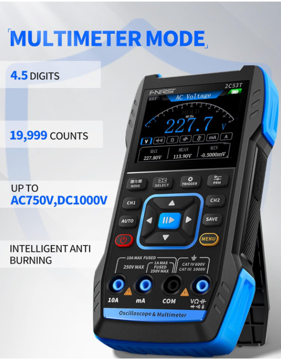 Osciloscopio 3 en 1 50MHz 2CH, Multímetro 19999 Cuentas y Generador DDS 250MSa/s