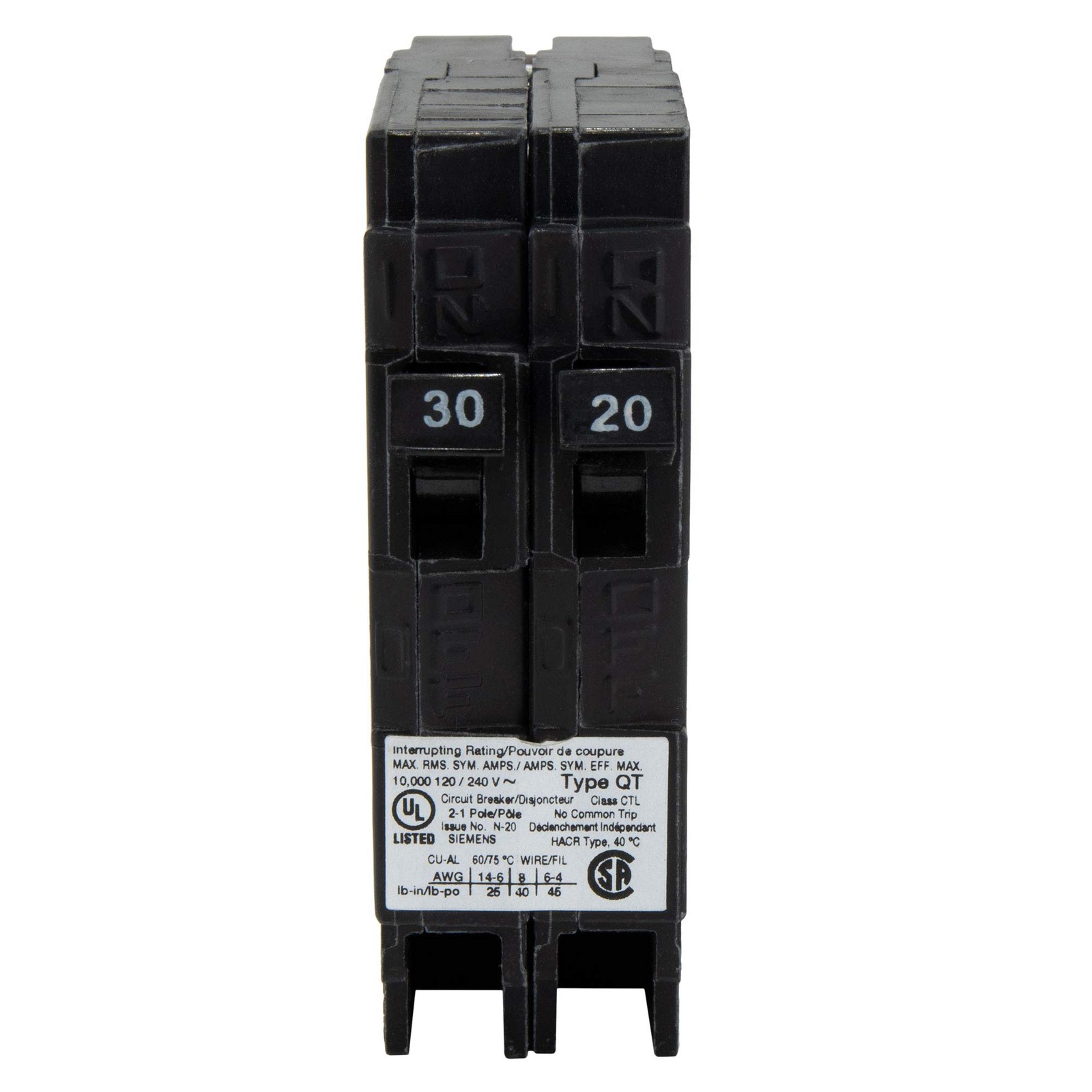 RV Circuit Breaker 30/20 Amp Twin Single-Pole 120V QT Compatible 1 Pack