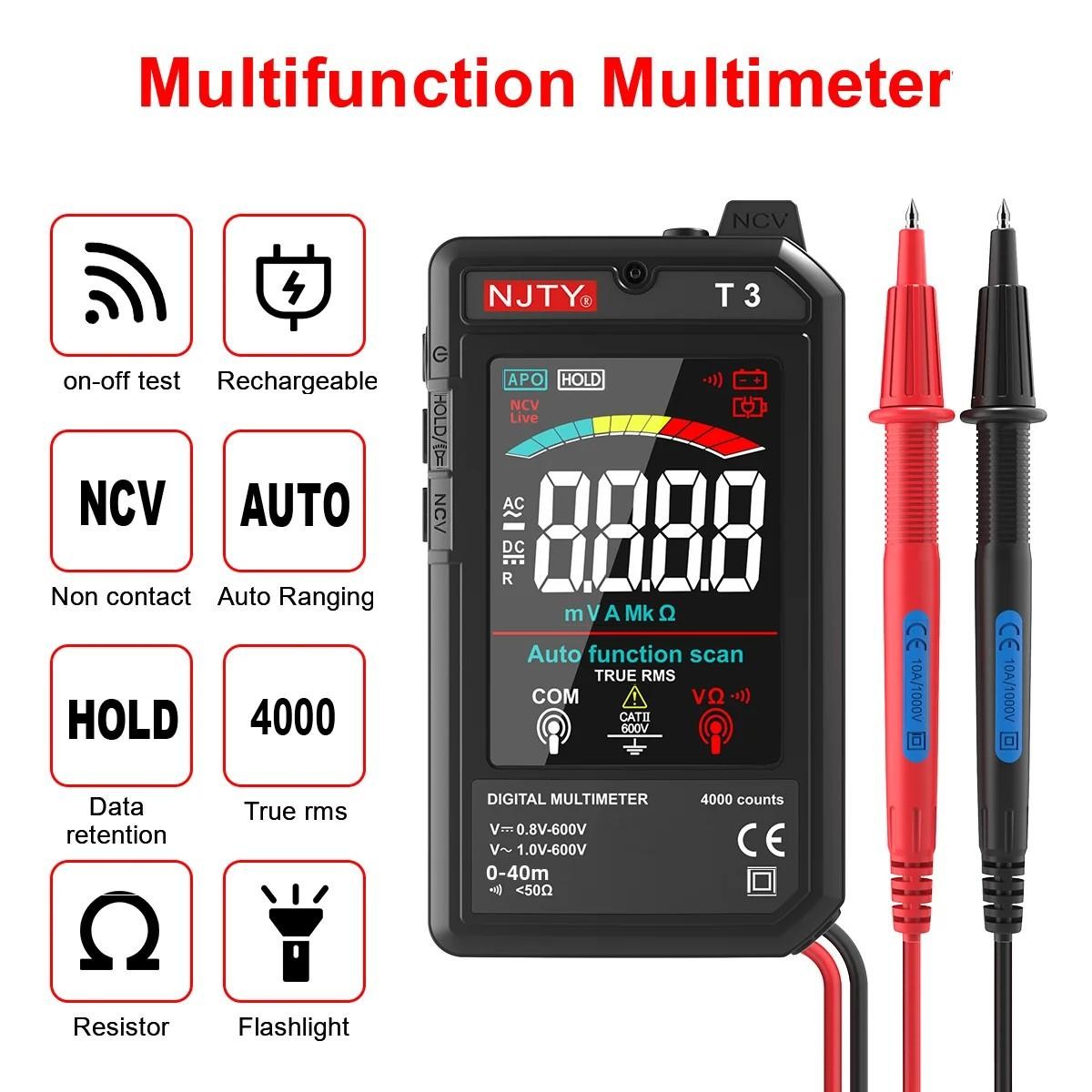 Njty T3 Smart Digital Multimeter Type C Auto Ranging 4000 Counts Ncv Tool
