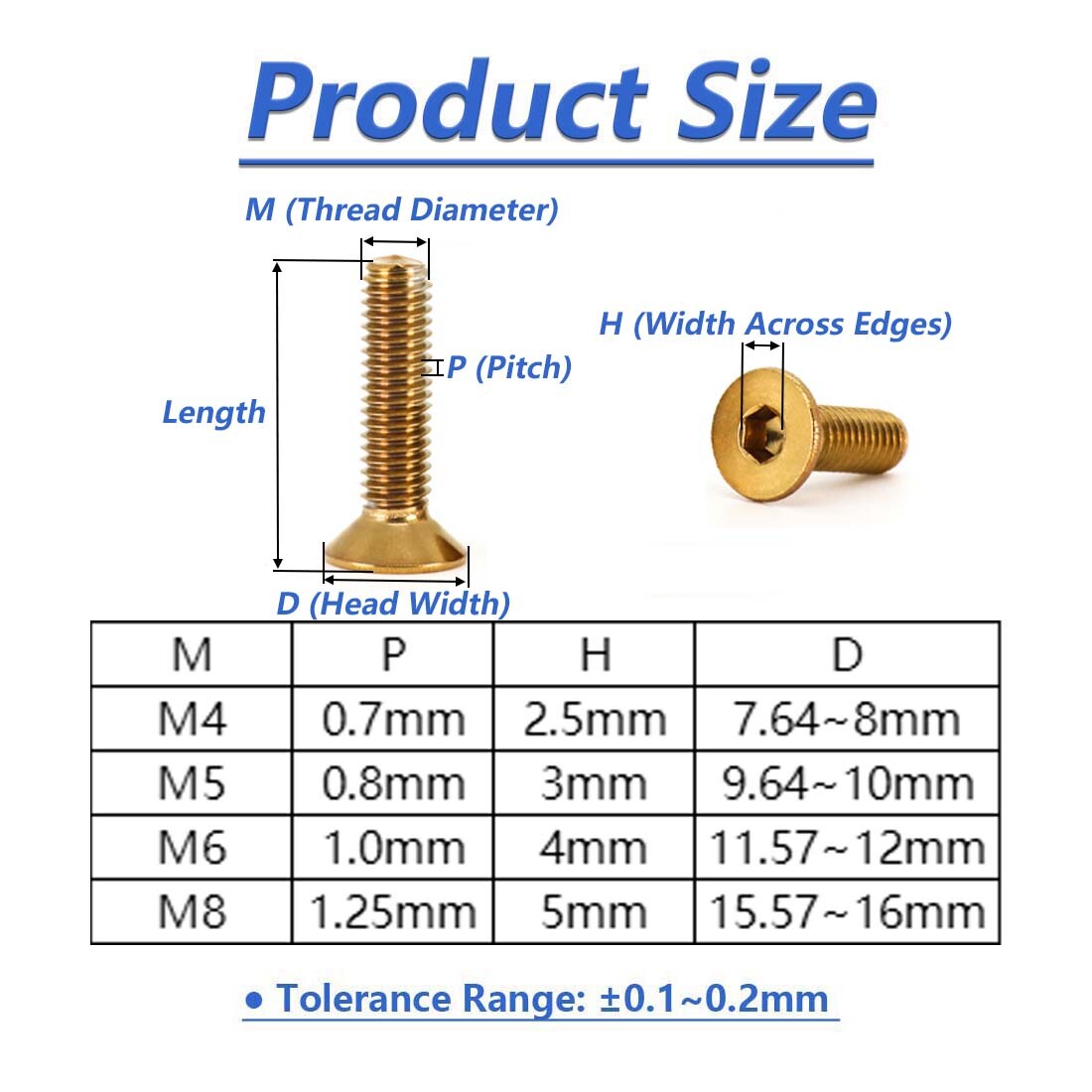 M4 M5 M6 M8 Ti Plating Gold Flat/Countersunk Head Socket Cap Screw Allen Bolts